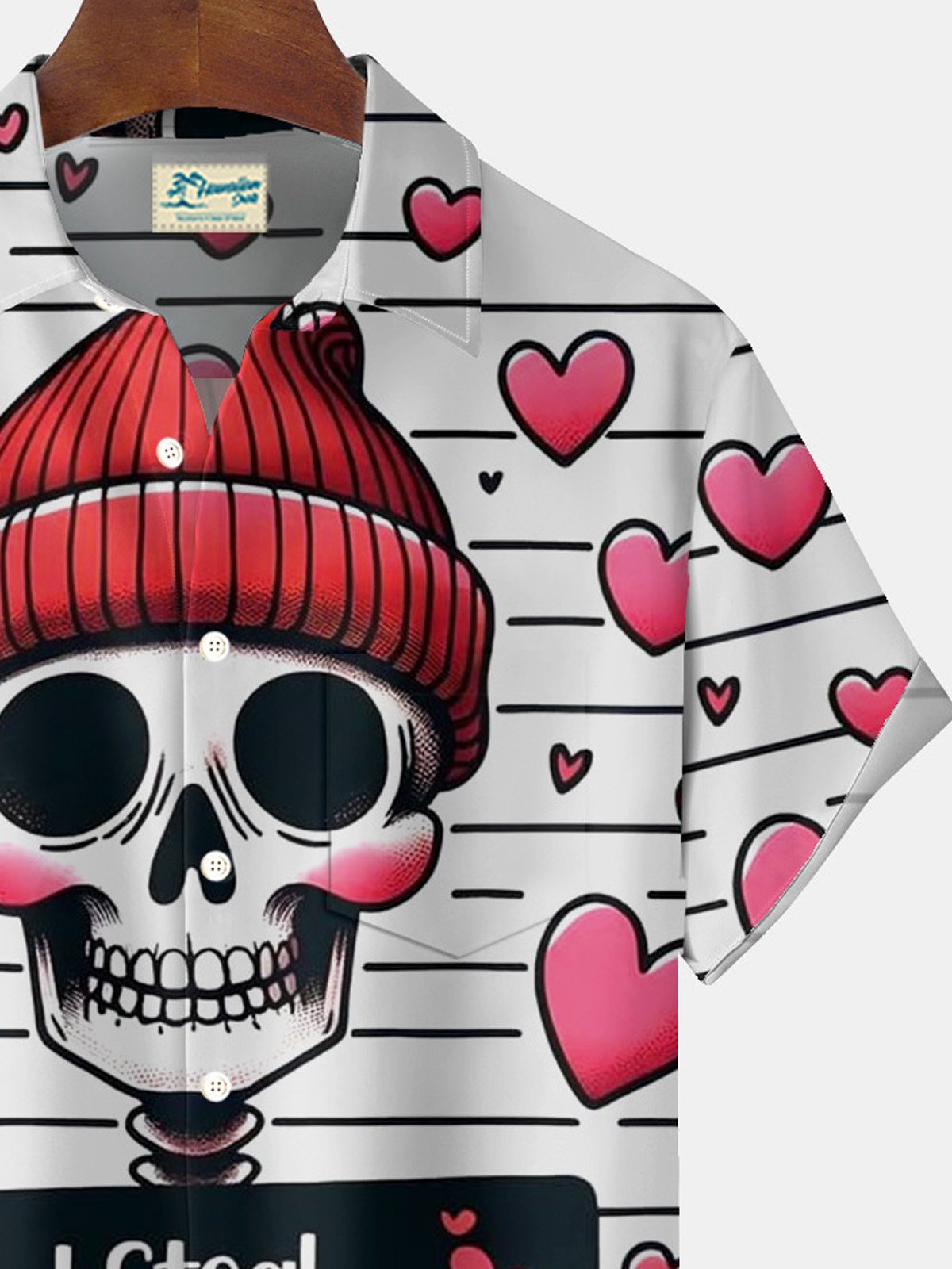 Royaura® Valentine's Day Love Striped Skull 3D Digital Printing Men's Button Pocket Short Sleeve Shirt Big & Tall