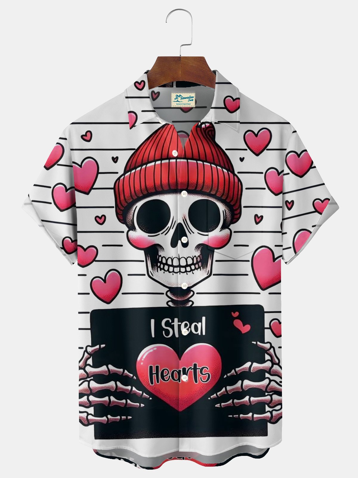 Royaura® Valentine's Day Love Striped Skull 3D Digital Printing Men's Button Pocket Short Sleeve Shirt Big & Tall