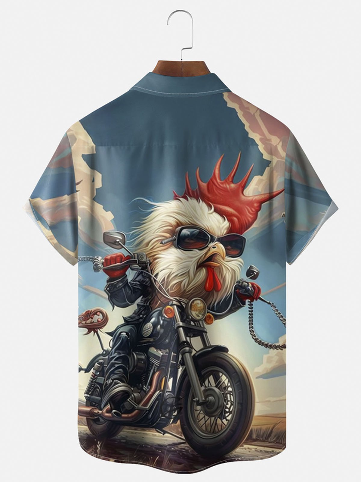 Royaura® Rooster goes on vacation on a motorcycle button pocket short sleeve shirt Big & Tall