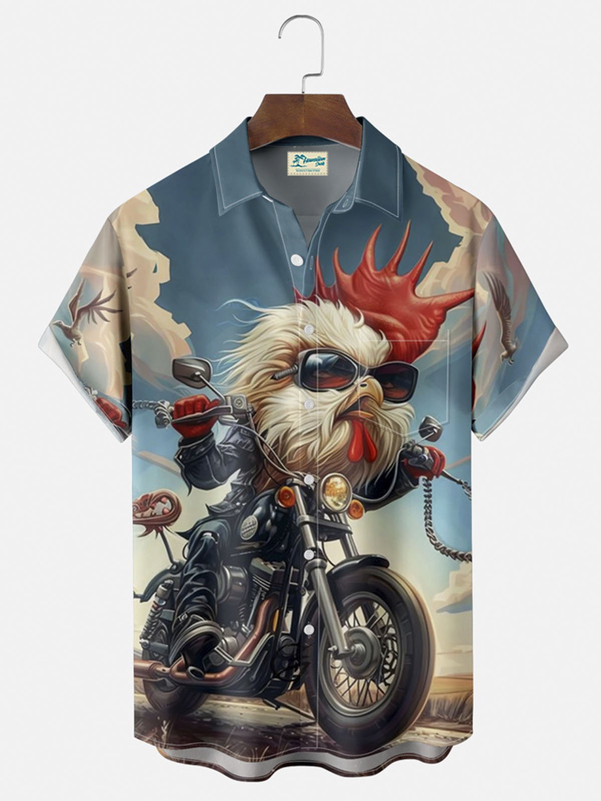 Royaura® Rooster goes on vacation on a motorcycle button pocket short sleeve shirt Big & Tall