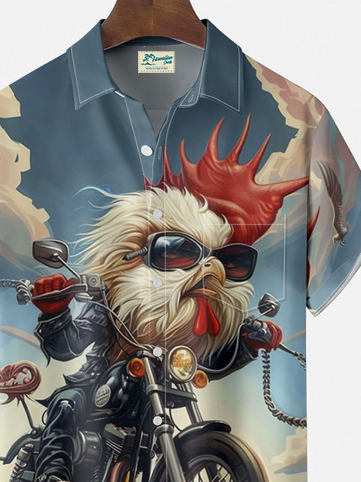 Royaura® Rooster goes on vacation on a motorcycle button pocket short sleeve shirt Big & Tall