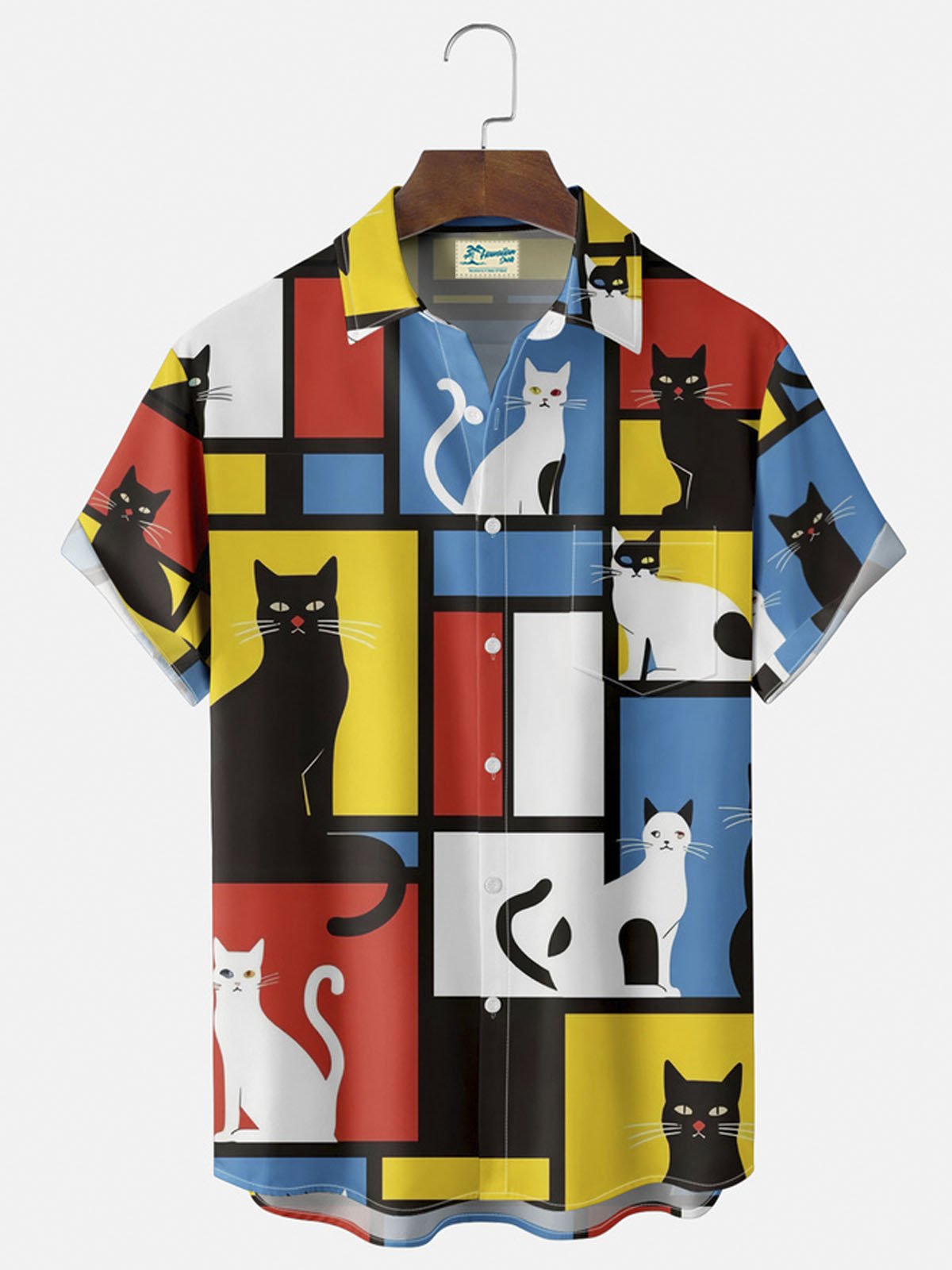 Royaura® Geometric Cat Button Pocket Short Sleeve Shirt  Big & Tall