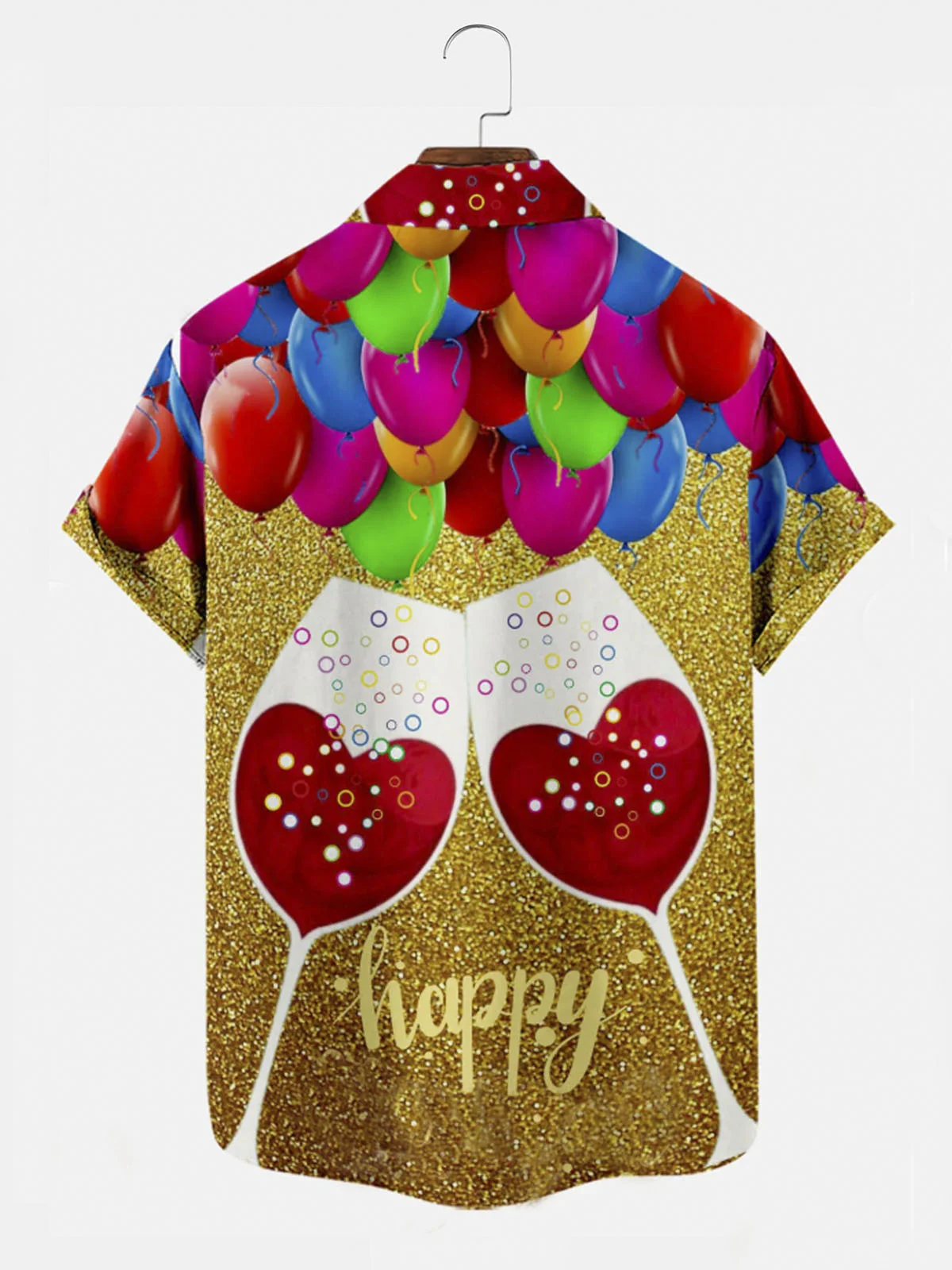 Royaura® Valentine's Day Heart Balloon Wine Glass Print Button Pocket Short Sleeve Shirt Big & Tall