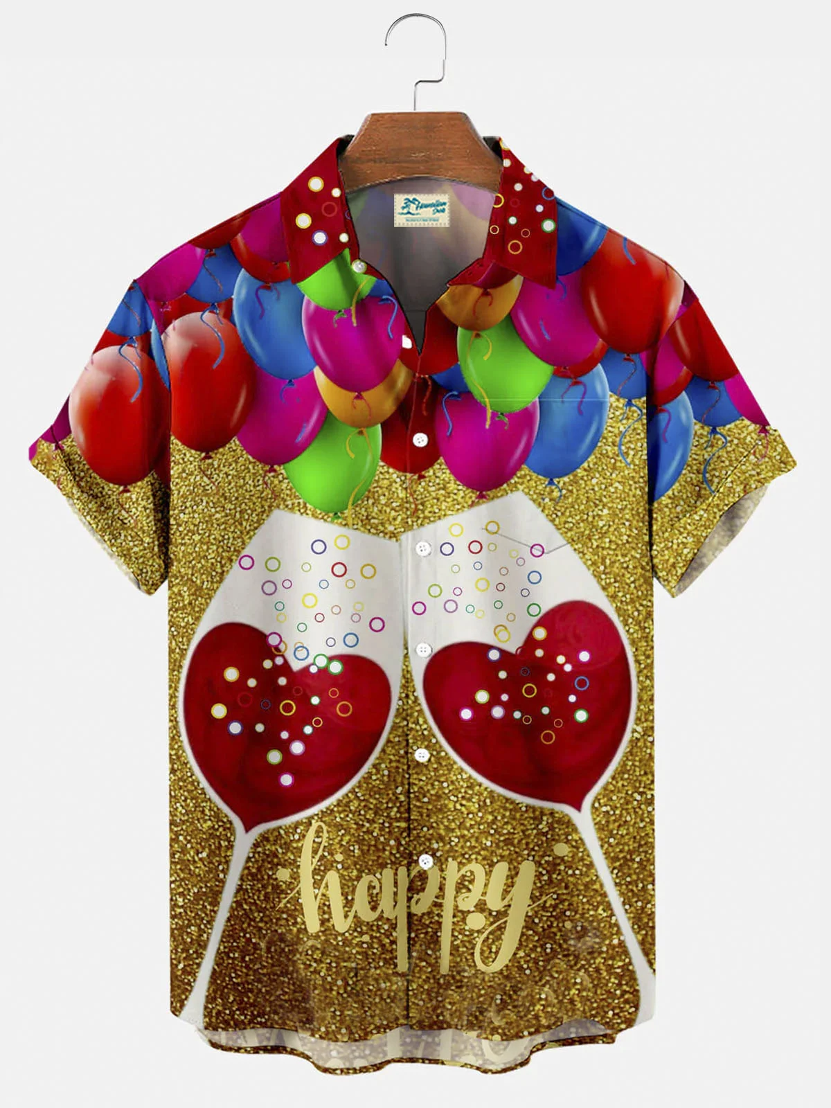 Royaura® Valentine's Day Heart Balloon Wine Glass Print Button Pocket Short Sleeve Shirt Big & Tall