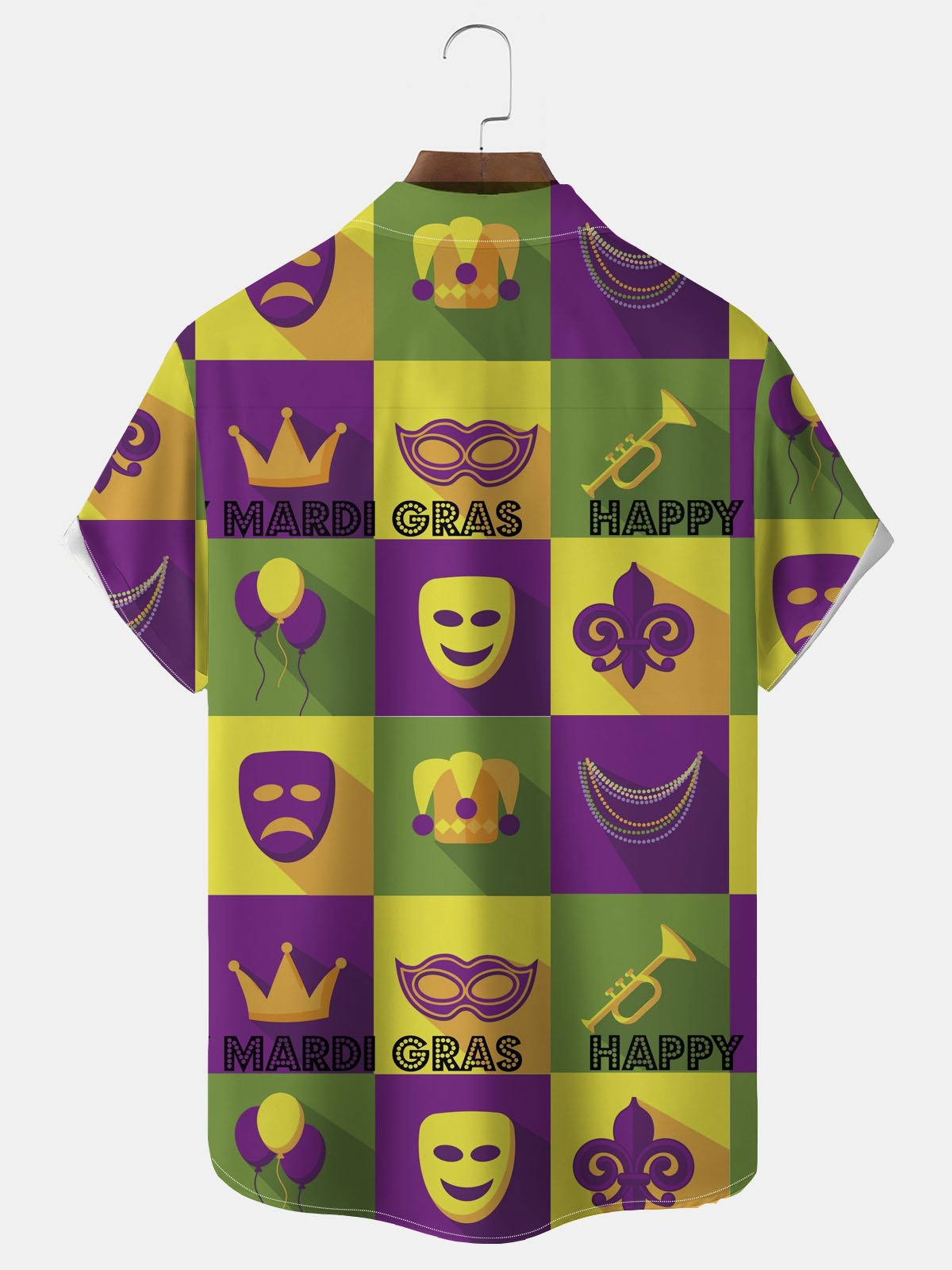 Royaura® Mardi Gras Geometric Mask Crown Button Pocket Short Sleeve Shirt Big & Tall