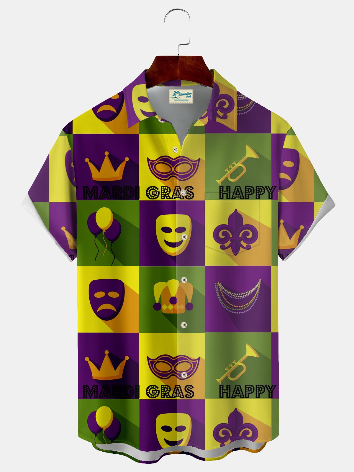 Royaura® Mardi Gras Geometric Mask Crown Button Pocket Short Sleeve Shirt Big & Tall