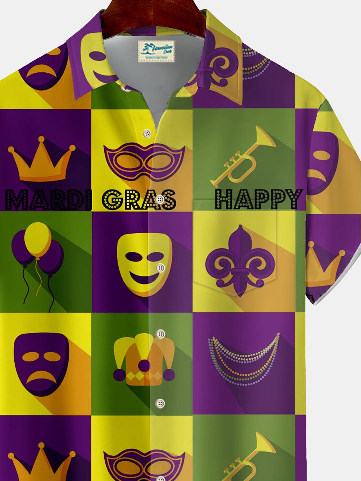 Royaura® Mardi Gras Geometric Mask Crown Button Pocket Short Sleeve Shirt Big & Tall