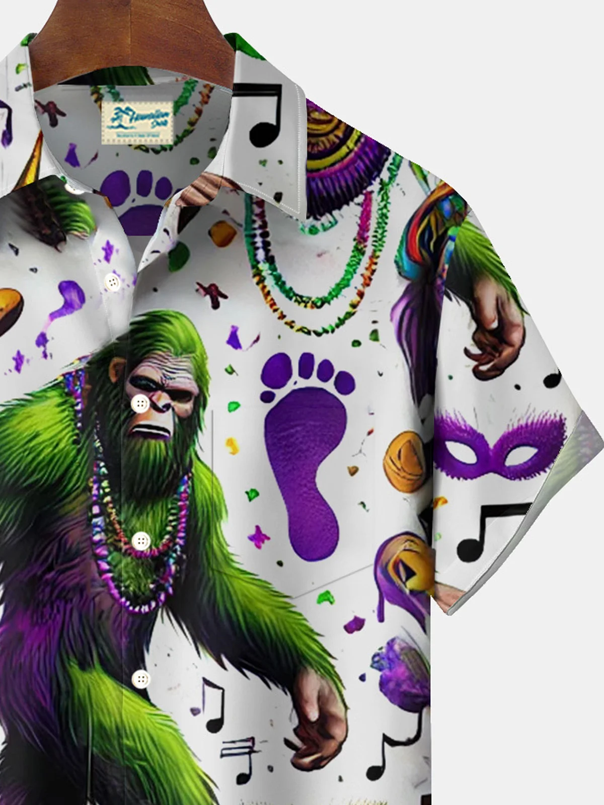 Royaura® Mardi Gras Bigfoot 3D Digital Print Men's Button Pocket Short Sleeve Shirt Big & Tall