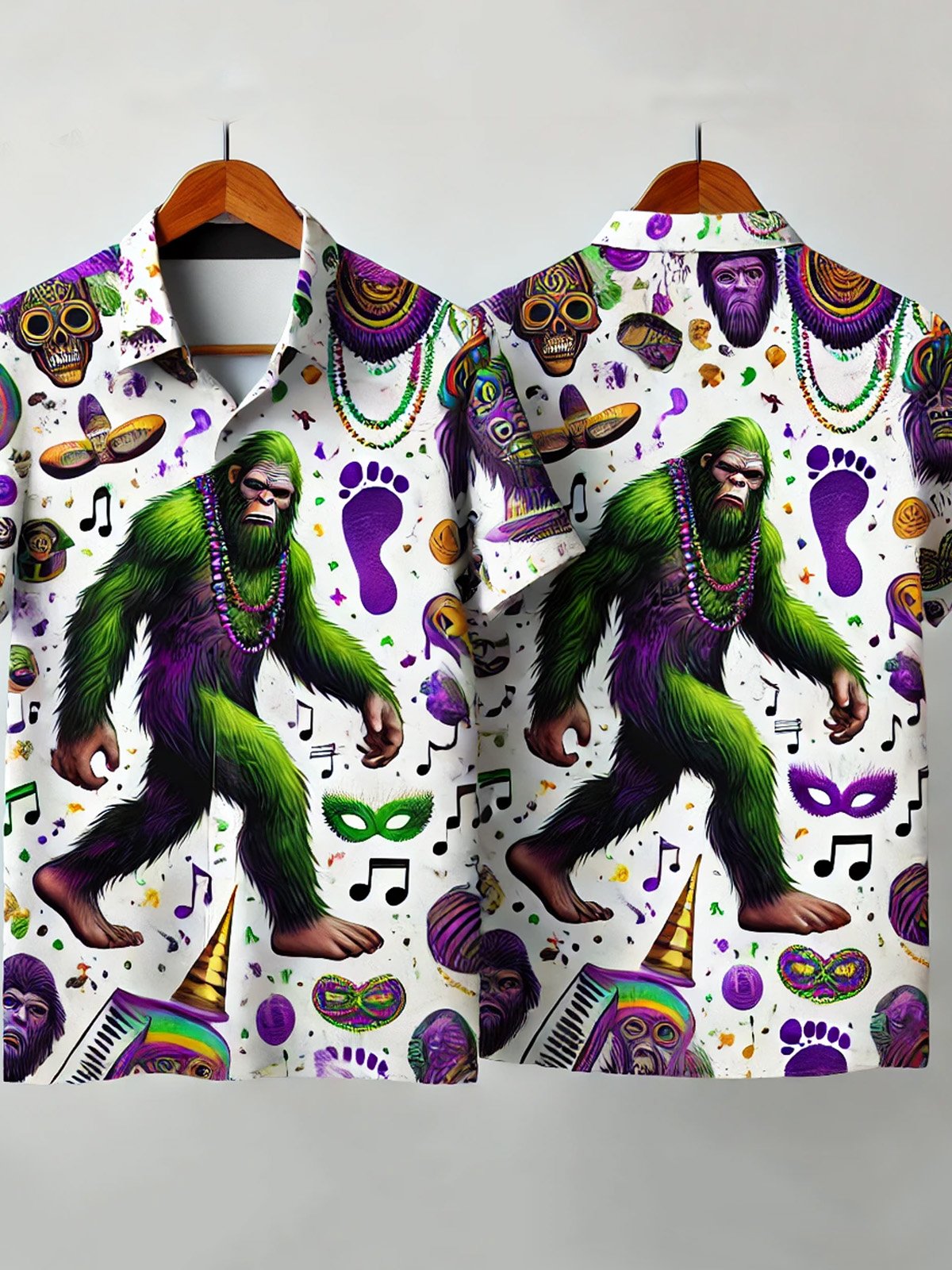 Royaura® Mardi Gras Bigfoot 3D Digital Print Men's Button Pocket Short Sleeve Shirt Big & Tall