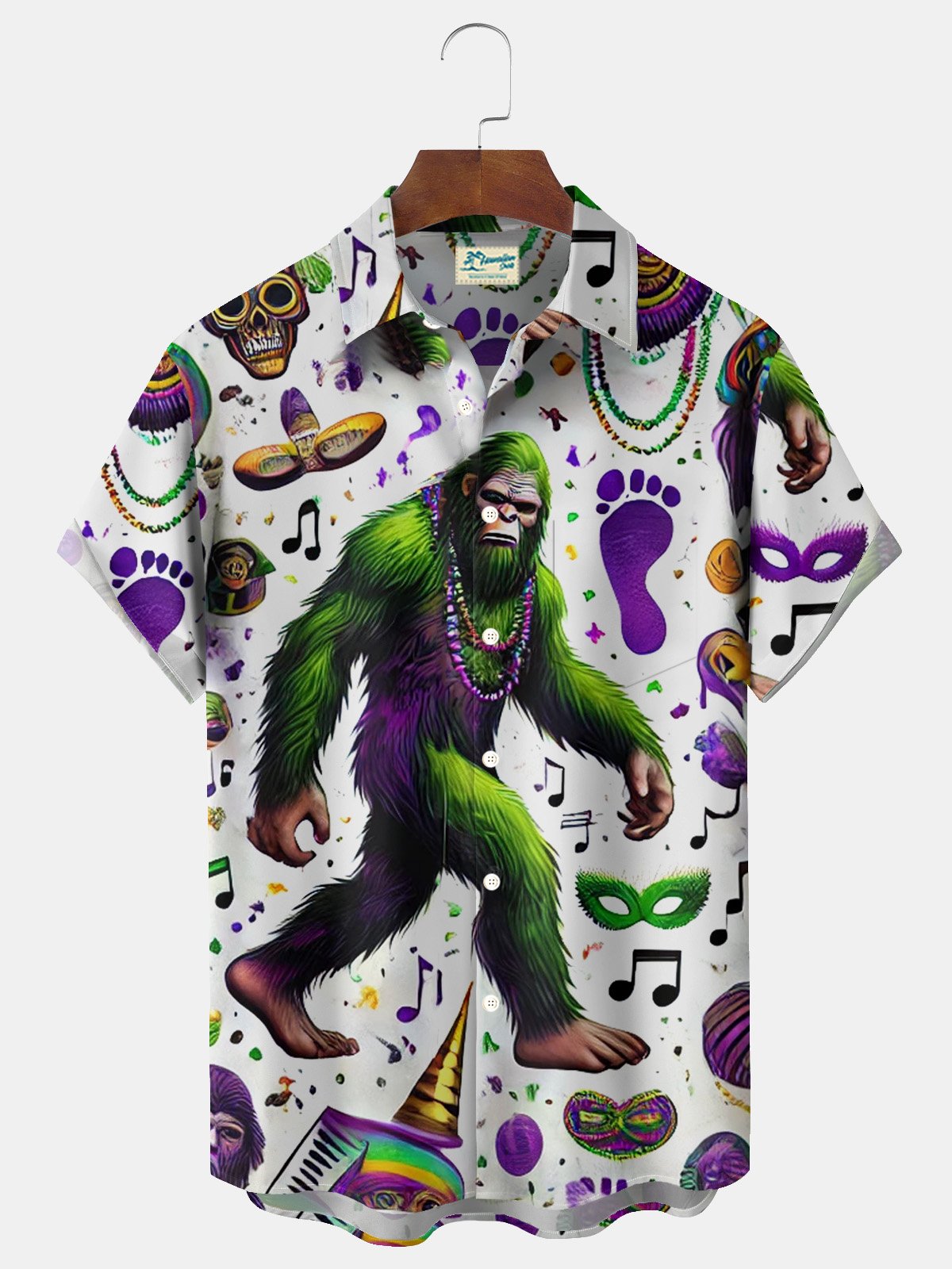 Royaura® Mardi Gras Bigfoot 3D Digital Print Men's Button Pocket Short Sleeve Shirt Big & Tall