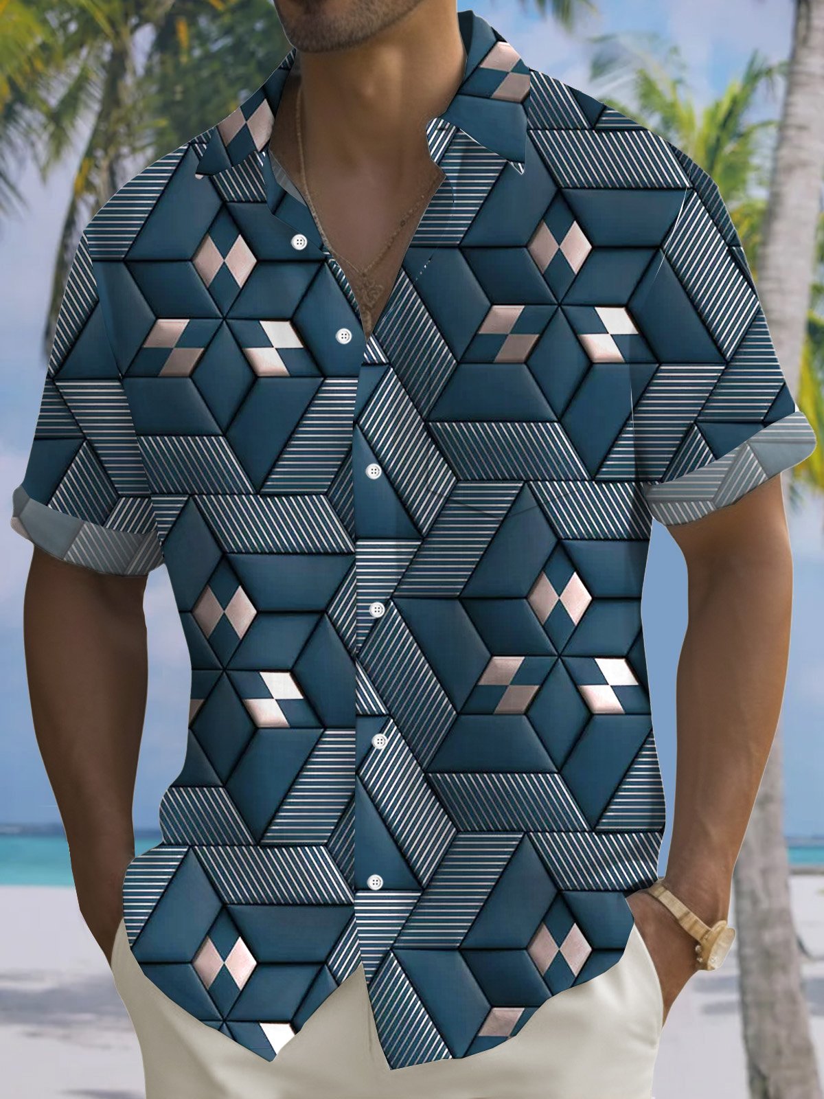 Royaura® Retro Geometric 3D Printed Men's Button Pocket Short Sleeve Shirt Big & Tall