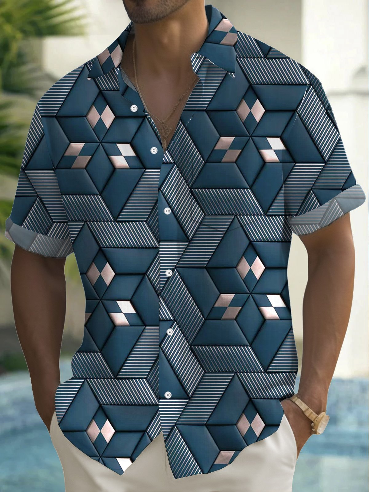 Royaura® Retro Geometric 3D Printed Men's Button Pocket Short Sleeve Shirt Big & Tall