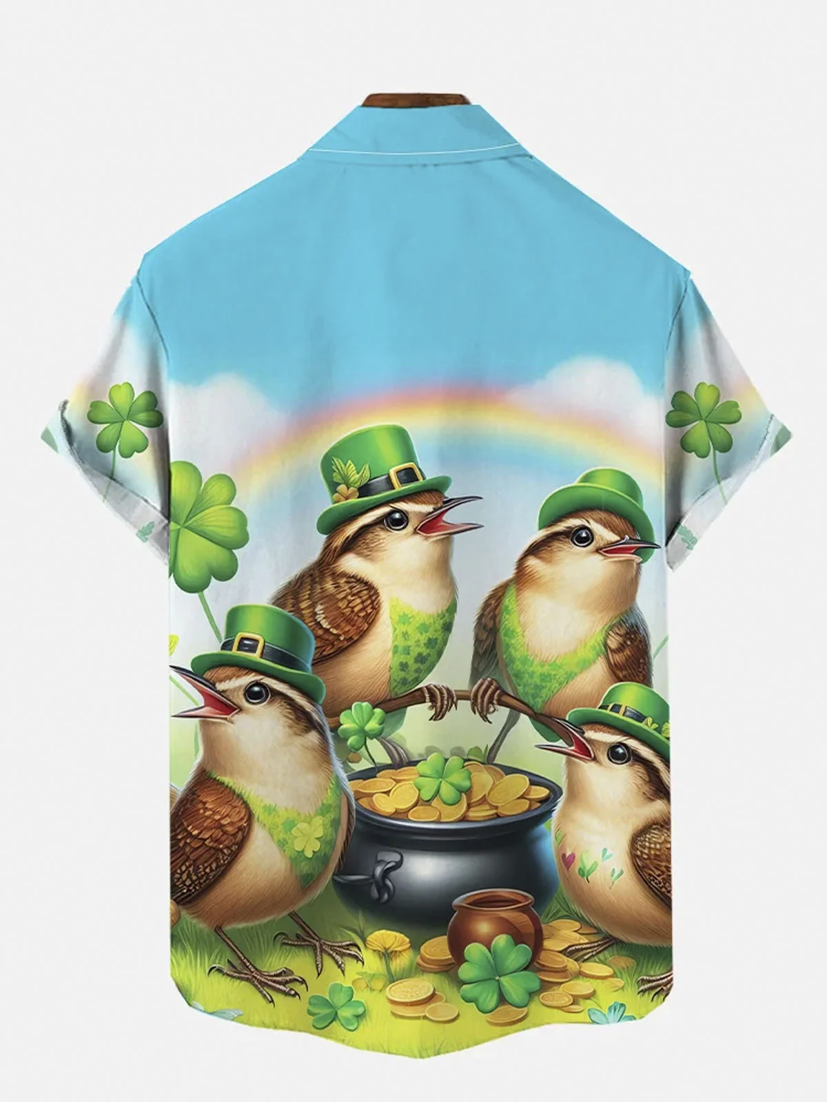 Royaura® Festive St. Patrick's Day bird with green hat button pocket short sleeve shirt Big & Tall