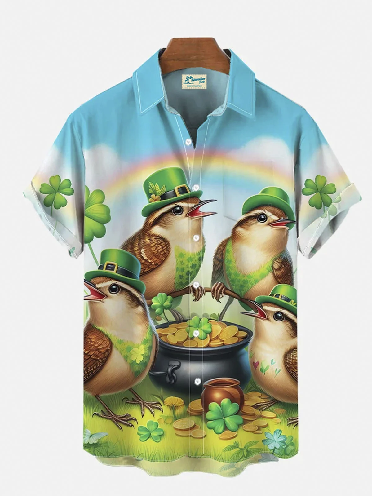 Royaura® Festive St. Patrick's Day bird with green hat button pocket short sleeve shirt Big & Tall