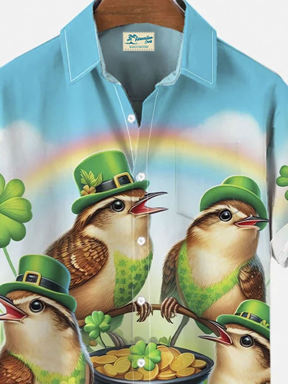 Royaura® Festive St. Patrick's Day bird with green hat button pocket short sleeve shirt Big & Tall