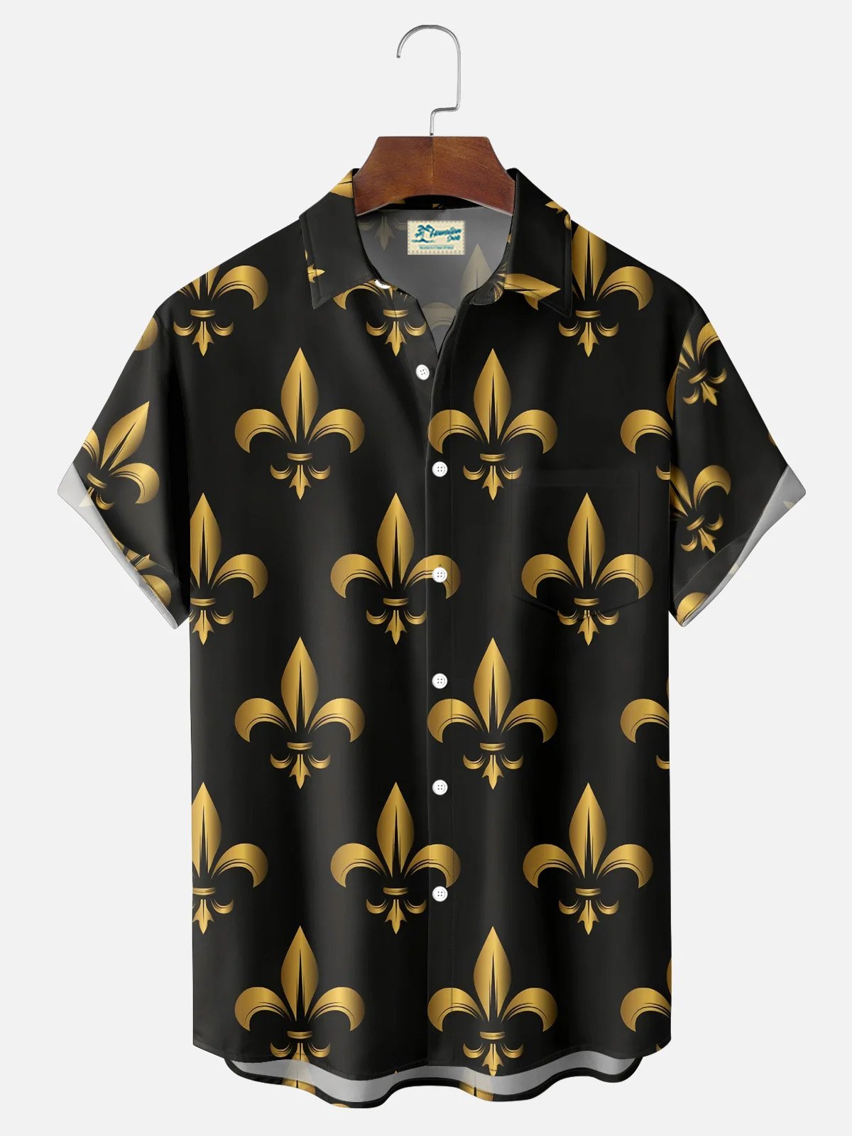 Royaura® Mardi Gras Fleur-de-lis Print Men's Button Pocket Short Sleeve Hawaiian Shirt Big & Tall