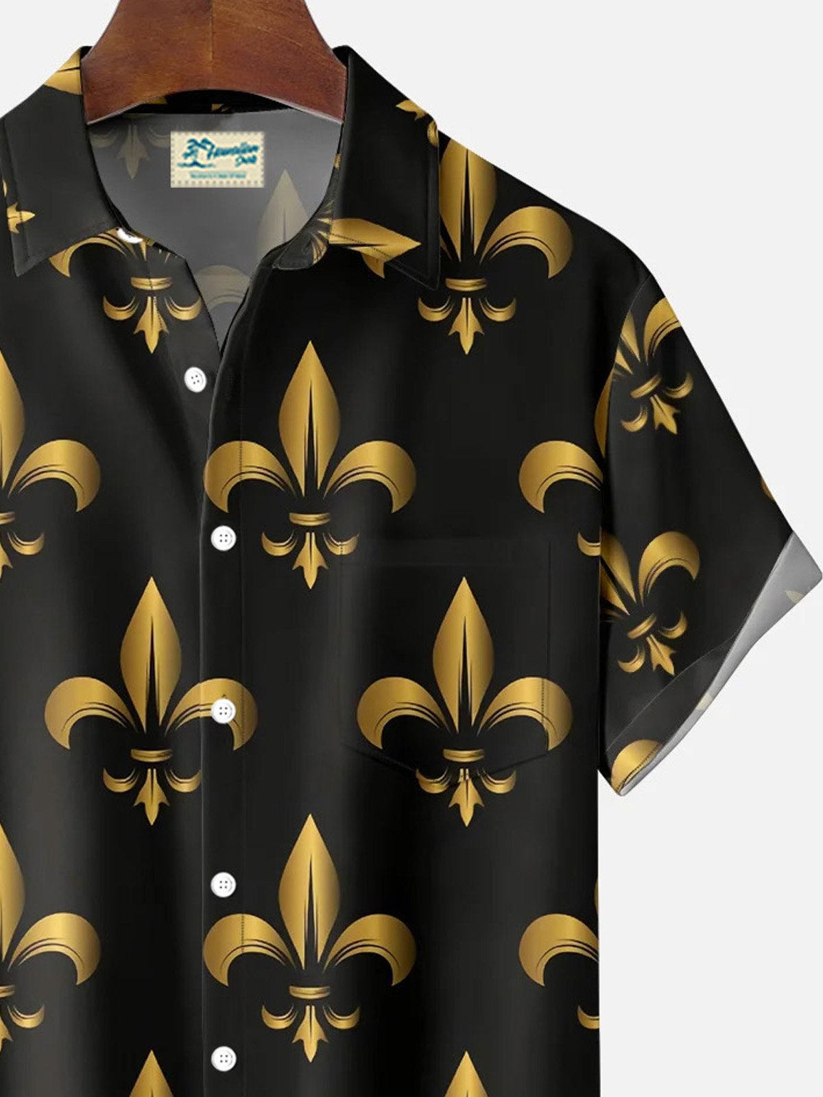 Royaura® Mardi Gras Fleur-de-lis Print Men's Button Pocket Short Sleeve Hawaiian Shirt Big & Tall