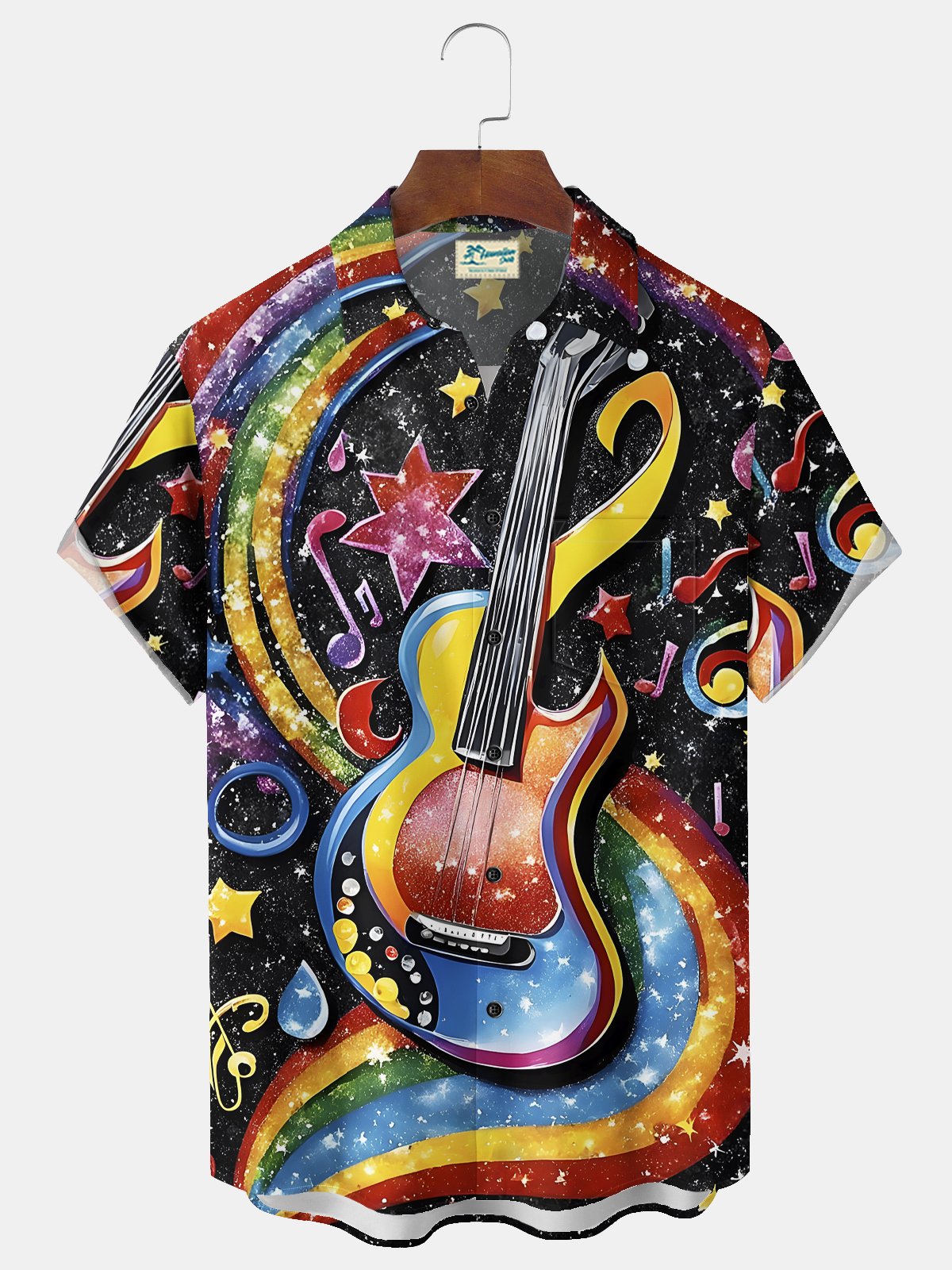 Royaura® Vintage Music Art Print Men's Chest Pocket Stretch Hawaiian Shirt Big Tall