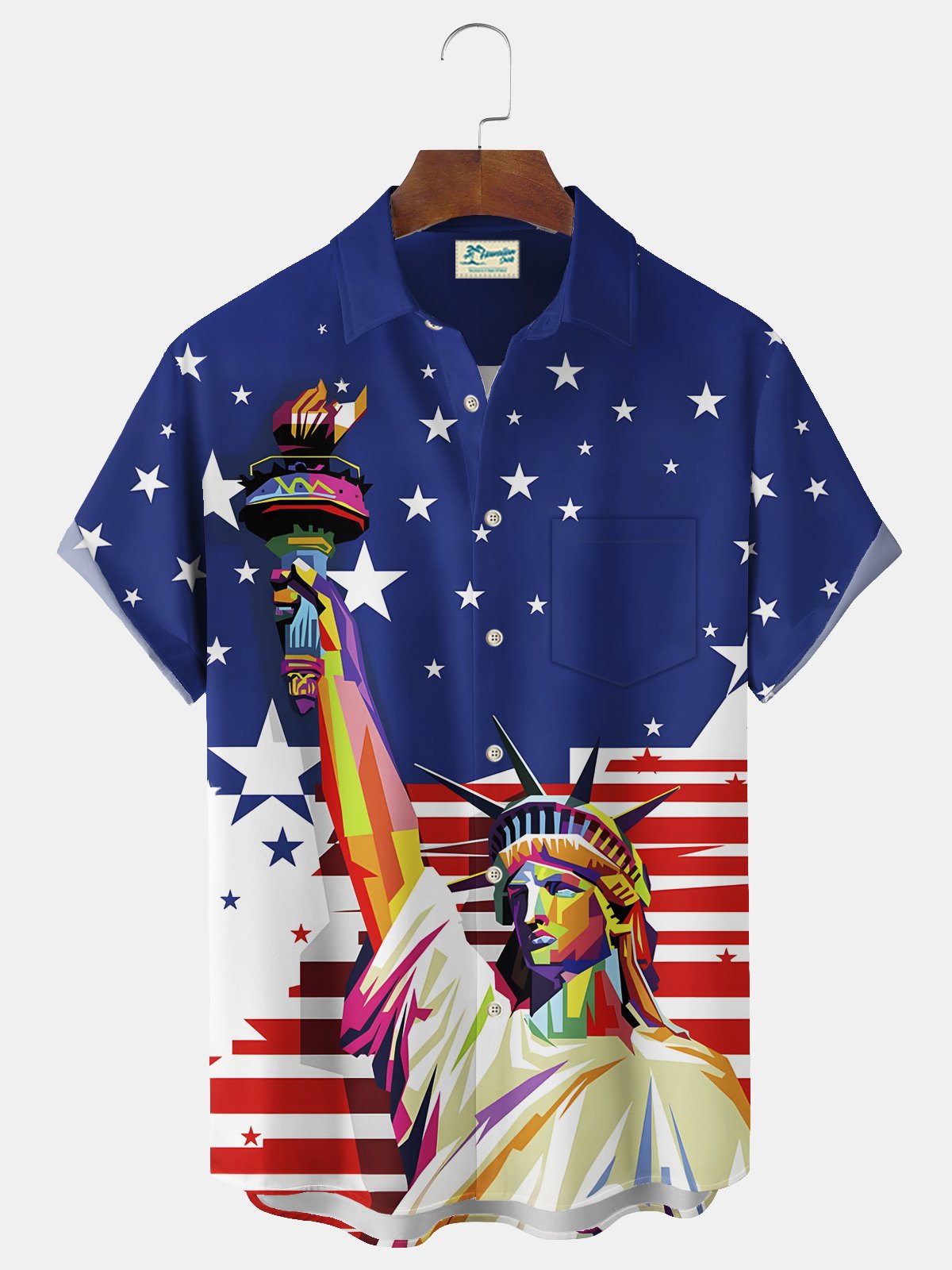 Royaura® Vintage Flag Statue of Liberty Print Men's Chest Pocket Stretch Hawaiian Shirt Big Tall