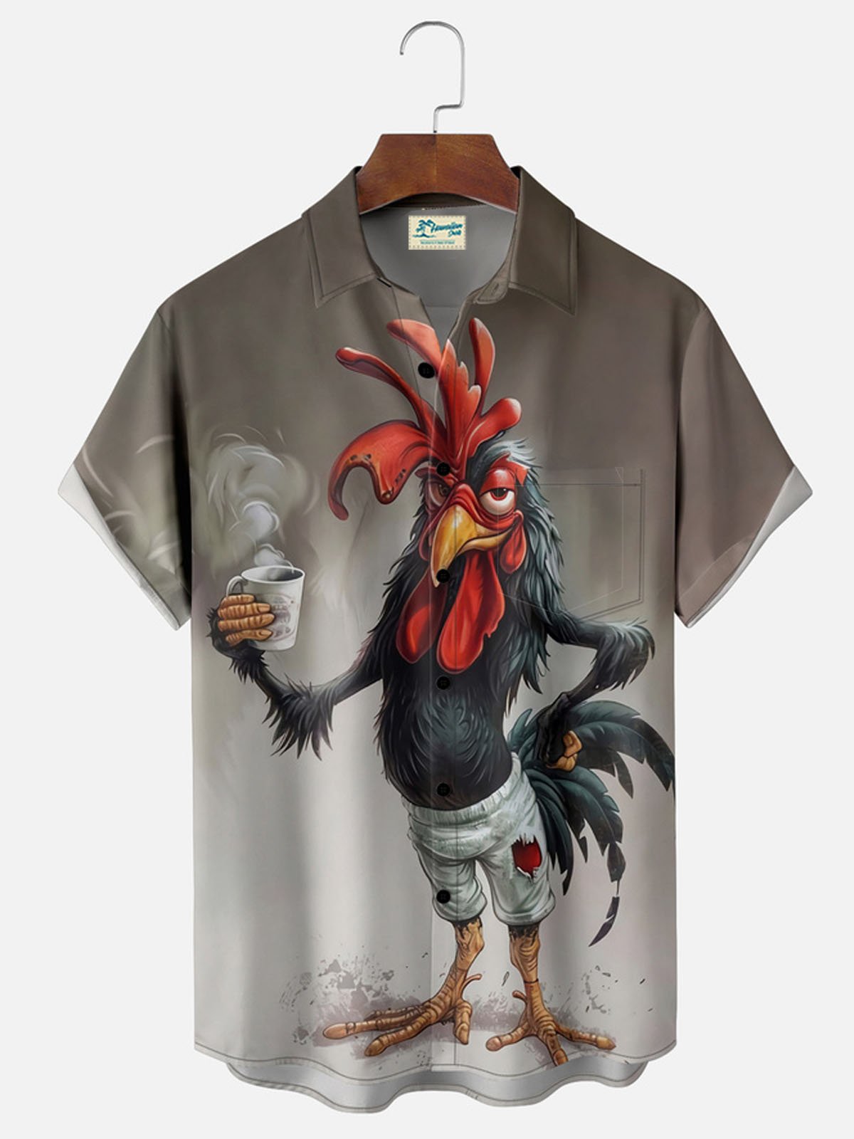 Royaura® Gradient Chicken Drinking Coffee Button Pocket Short Sleeve Shirt Big & Tall