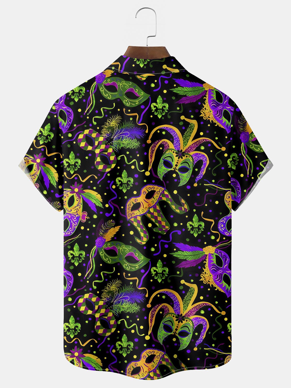 Royaura® Mardi Gras Mask Print Men's Chest Pocket Stretch Hawaiian Shirt Big Tall