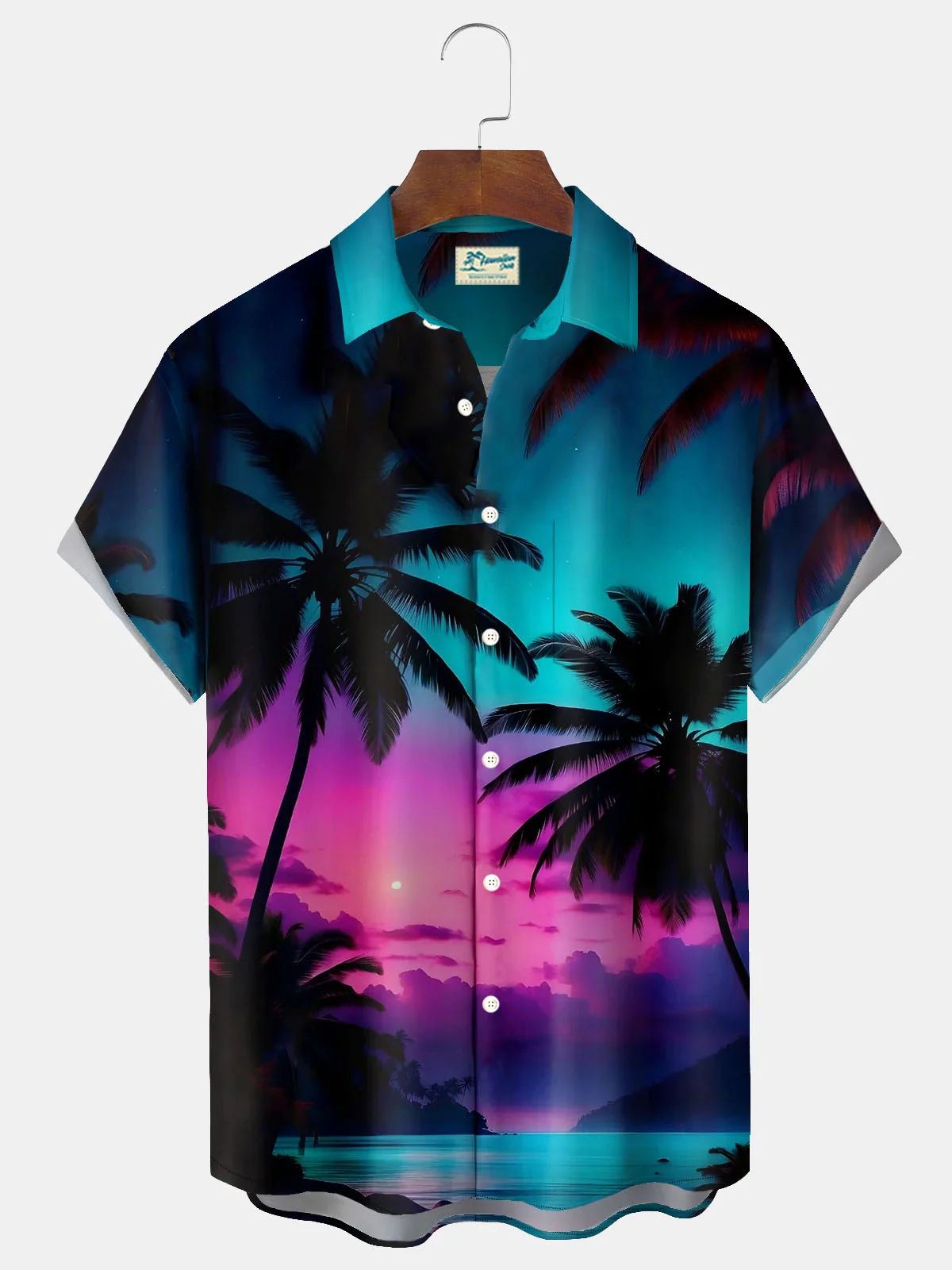 Royaura® Hawaiian Coconut Tree Gradient Sunset Landscape 3D Digital Printing Men's Button Pocket Short Sleeve Shirt Big & Tall