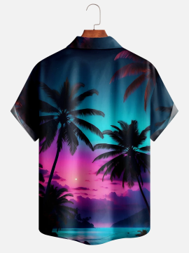 Royaura® Hawaiian Coconut Tree Gradient Sunset Landscape 3D Digital Printing Men's Button Pocket Short Sleeve Shirt Big & Tall