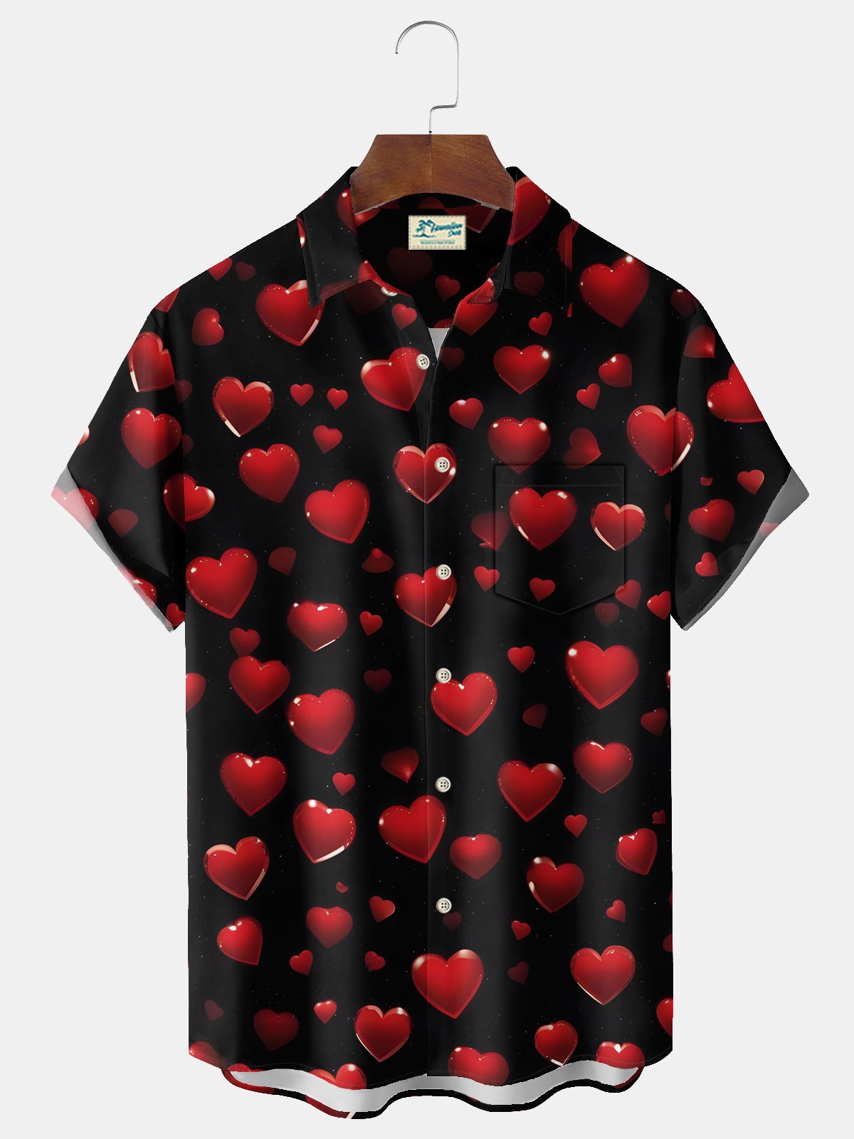 Royaura® Valentine's Day Heart Print Men's Chest Pocket Stretch Hawaiian Shirt Big Tall