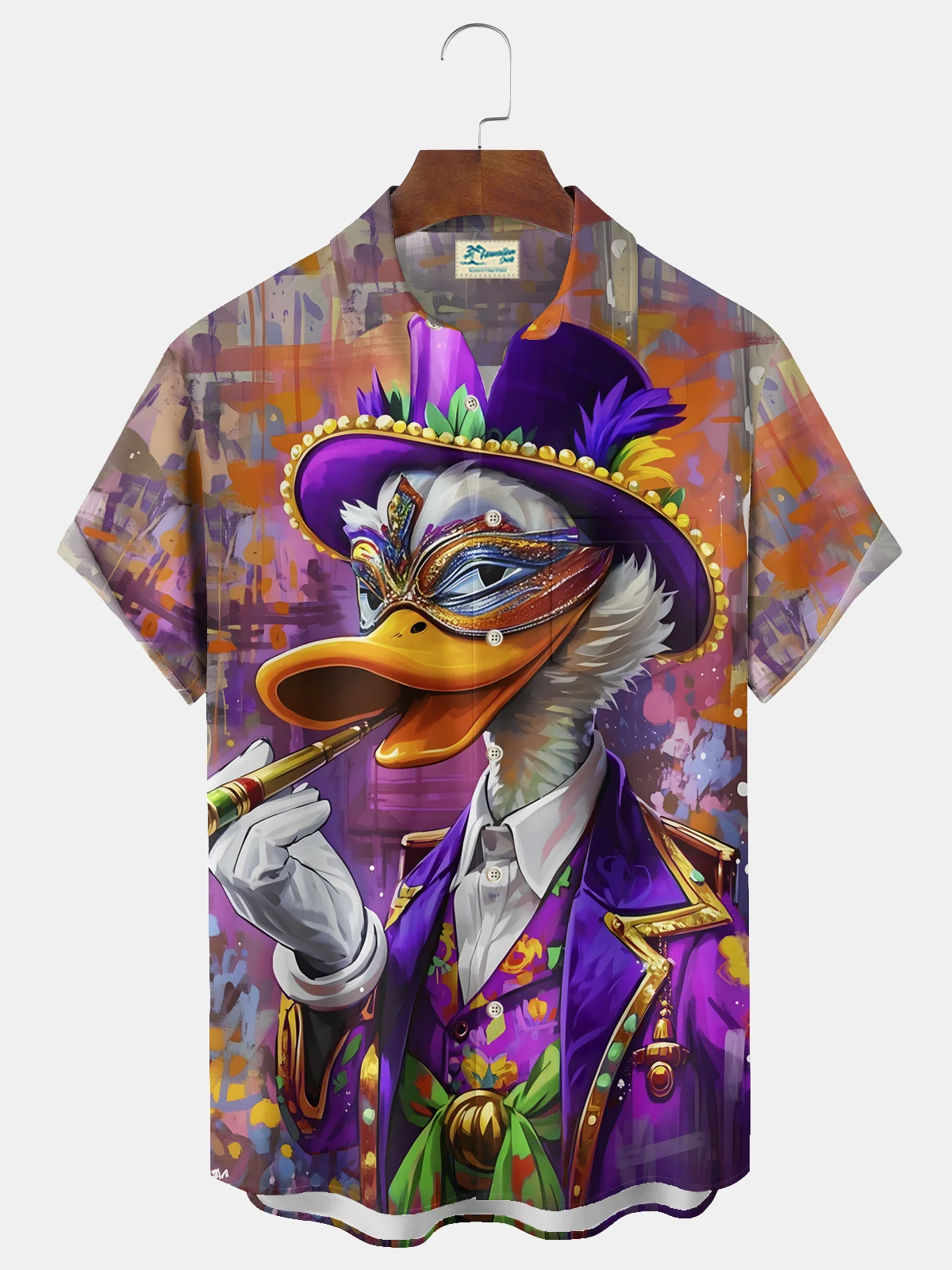 Royaura® Mardi Gras Duck Print Men's Chest Pocket Stretch Hawaiian Shirt Big Tall