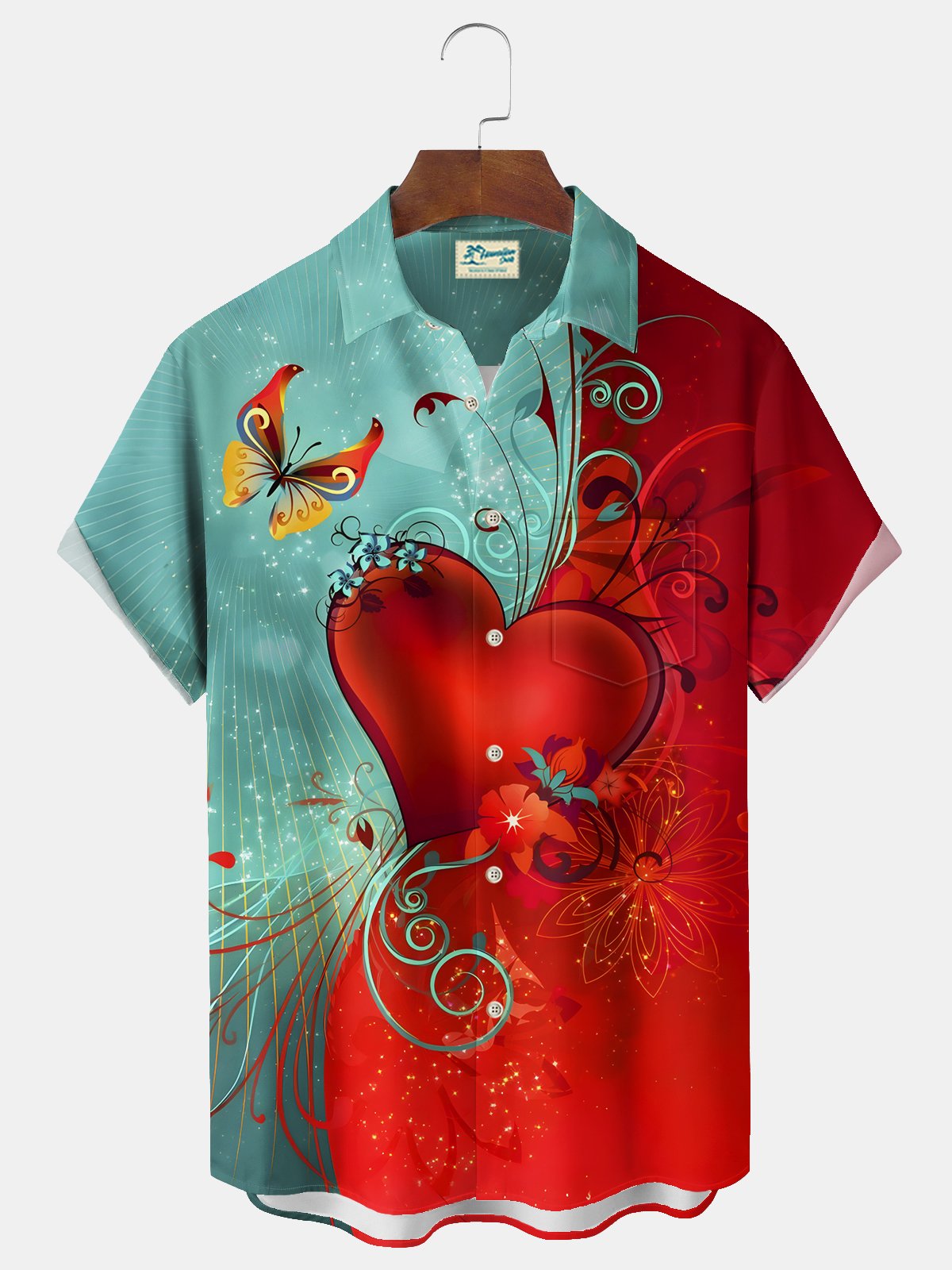 Royaura® Valentine's Day Heart Print Men's Chest Pocket Stretch Hawaiian Shirt Big Tall