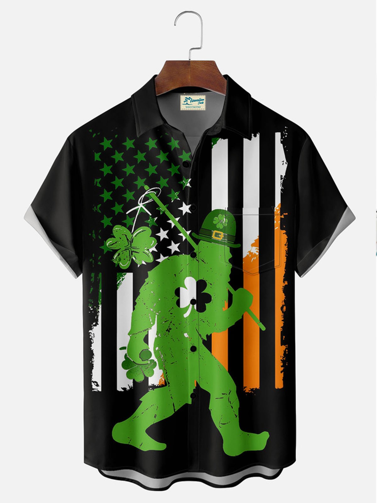 Royaura® St. Patrick's Flag Bigfoot Print Button Pocket Short Sleeve Shirt Big & Tall