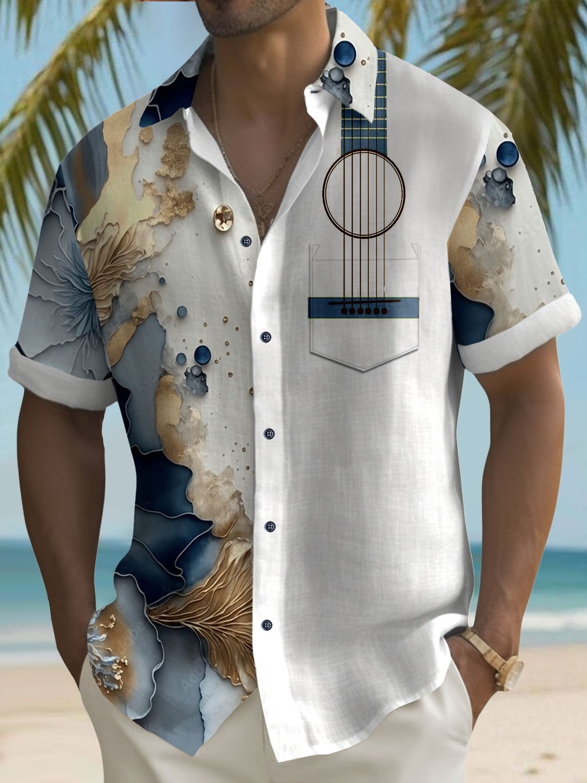 Royaura® Ocean Mechanism Gold Stitching Guitar Print Button Pocket Short Sleeve Shirt Big & Tall