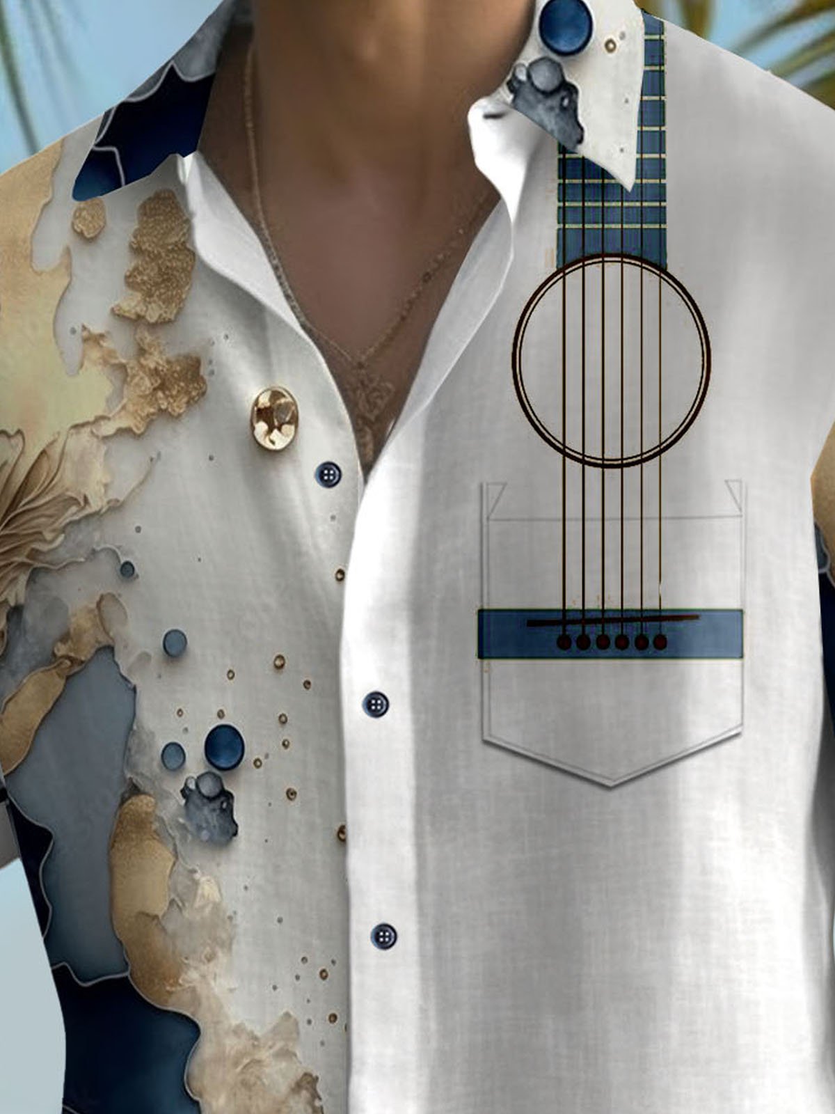 Royaura® Ocean Mechanism Gold Stitching Guitar Print Button Pocket Short Sleeve Shirt Big & Tall