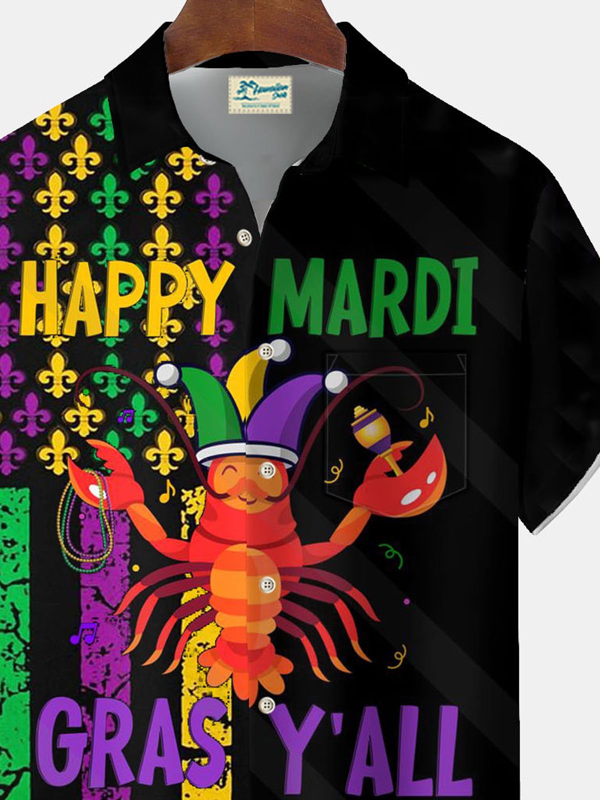 Royaura® Mardi Gras Flag Lobster Mood Button Pocket Short Sleeve Shirt Big & Tall