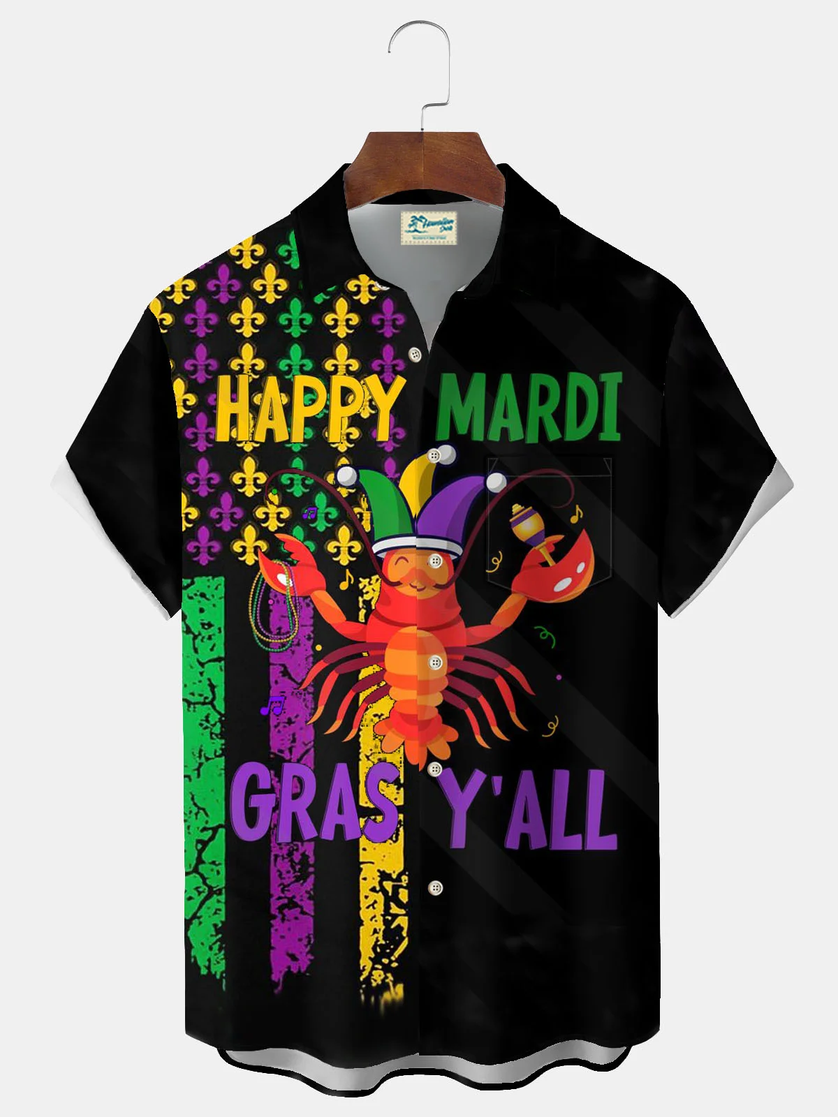 Royaura® Mardi Gras Flag Lobster Mood Button Pocket Short Sleeve Shirt Big & Tall