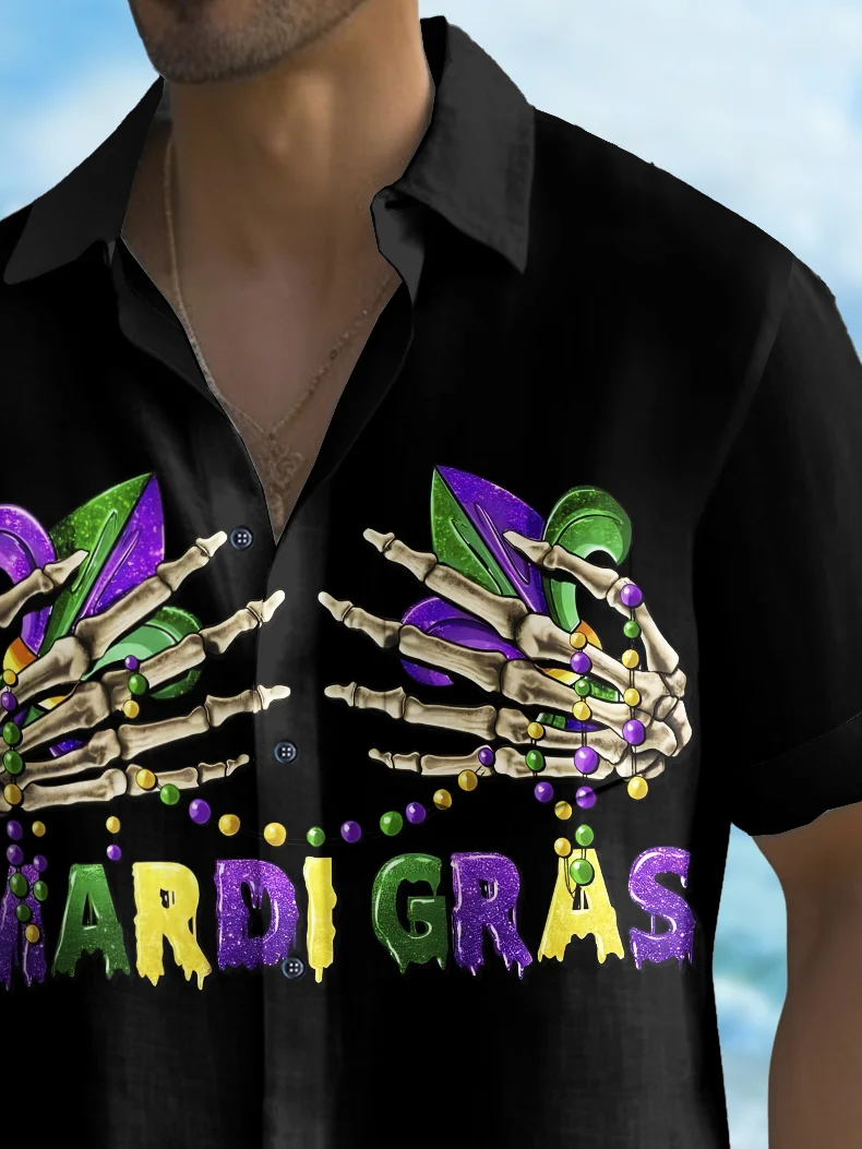 Royaura® Mardi Gras Skull Fleur De Lis Print Men's Chest Pocket Stretch Hawaiian Shirt Big Tall