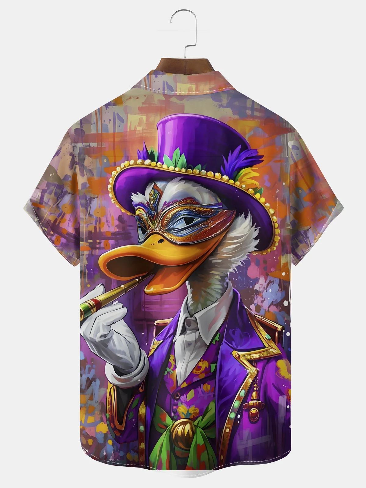 Royaura® Mardi Gras Duck Print Men's Chest Pocket Stretch Hawaiian Shirt Big Tall