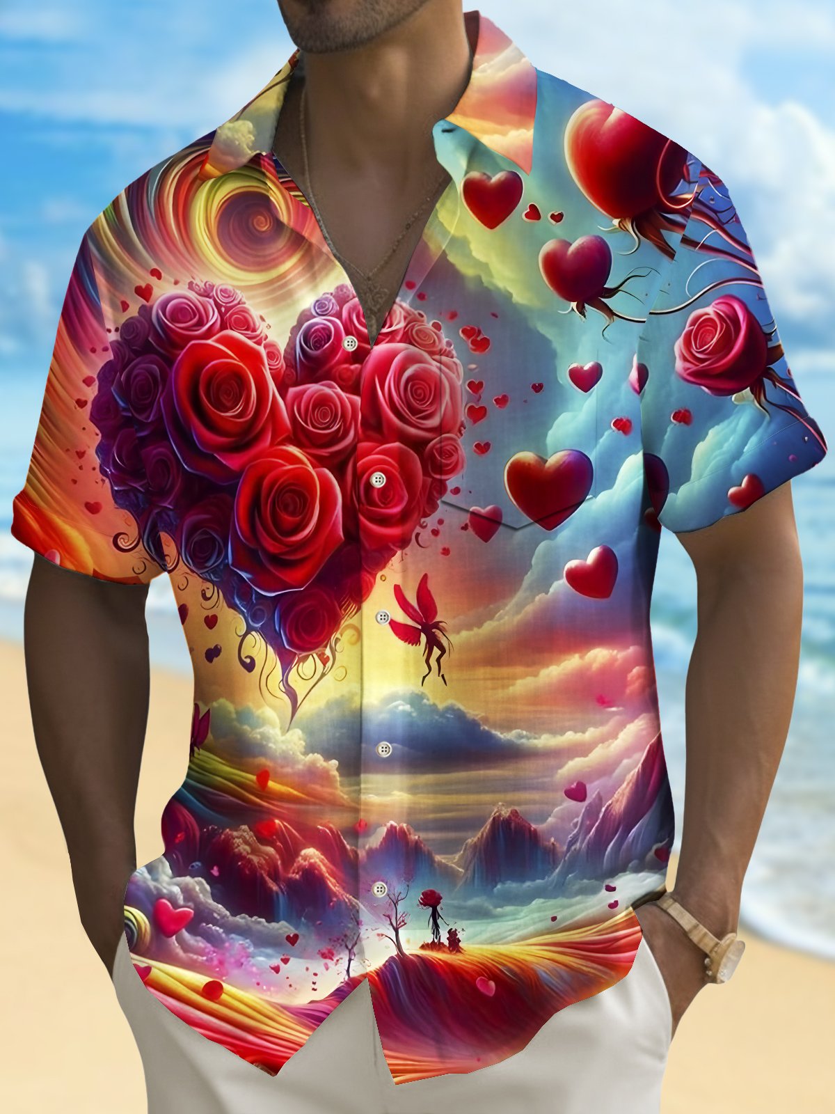 Royaura® Valentine's Day Heart Print Men's Chest Pocket Stretch Hawaiian Shirt Big Tall