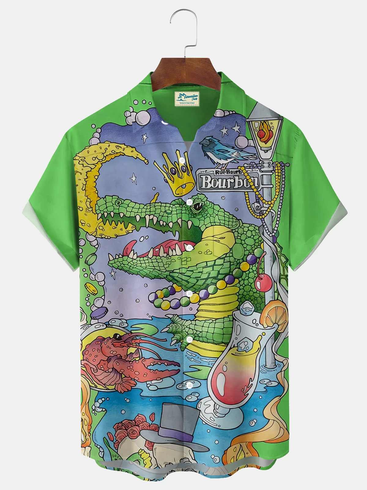 Royaura® Mardi Gras Holiday Crocodile and Lobster Print Men's Button Pocket Short Sleeve Shirt Big & Tall