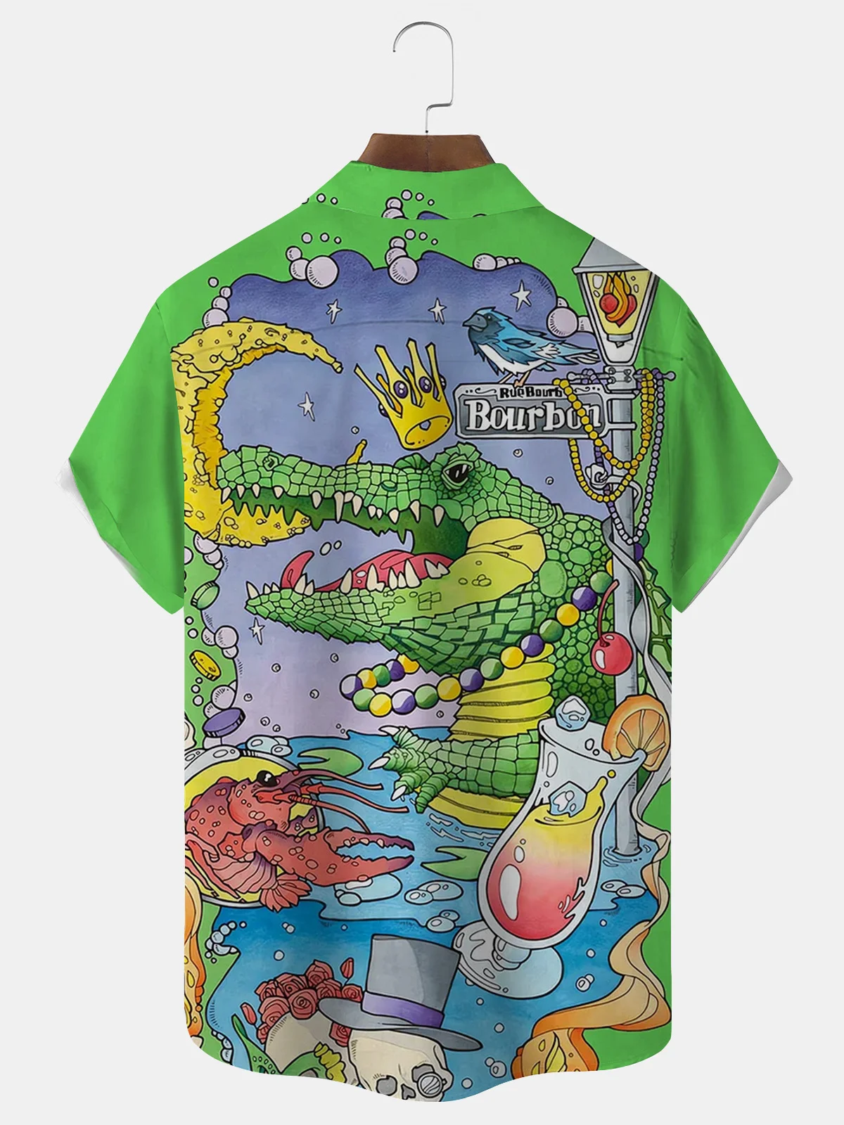 Royaura® Mardi Gras Holiday Crocodile and Lobster Print Men's Button Pocket Short Sleeve Shirt Big & Tall