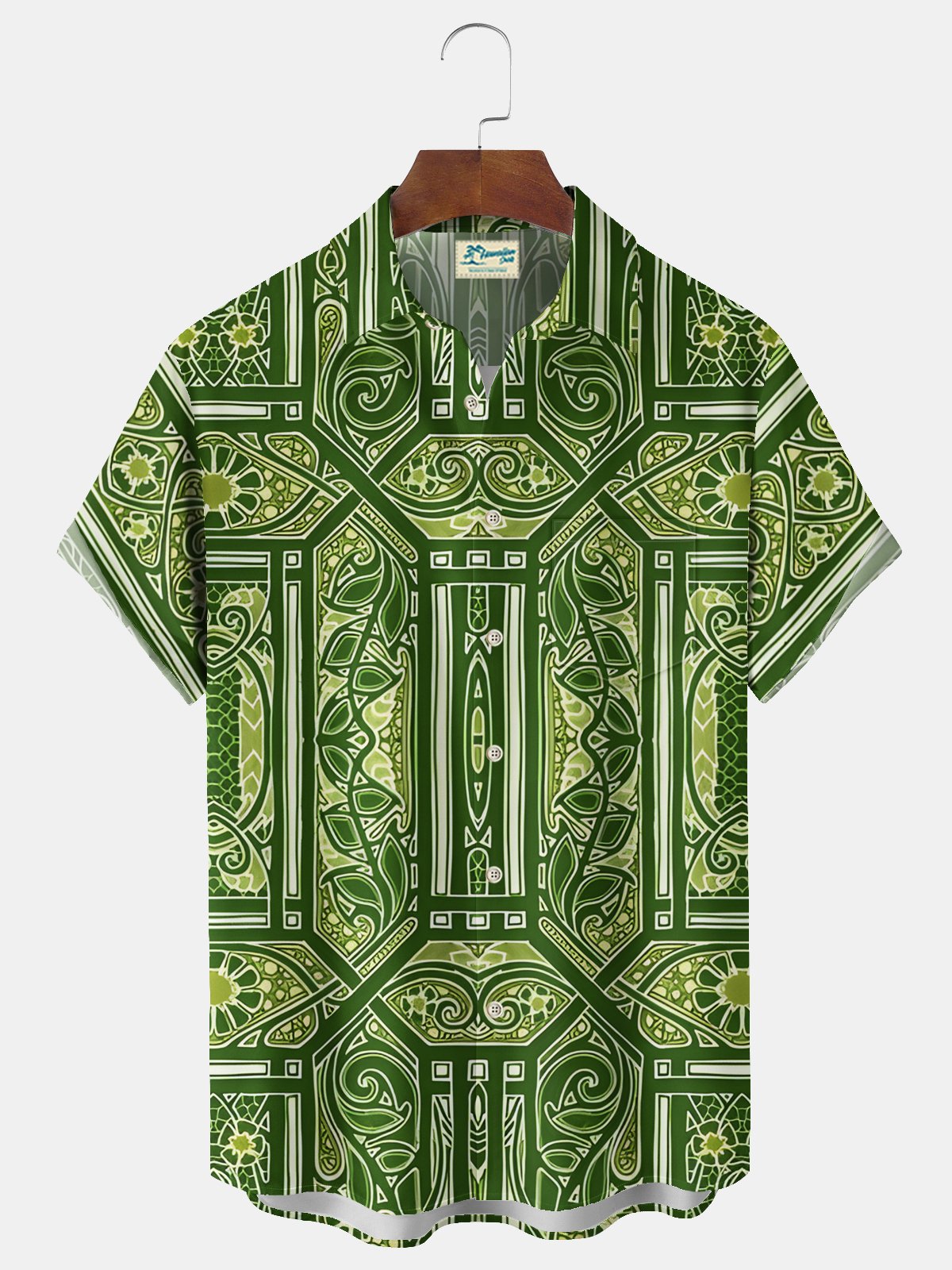 Royaura® St. Patrick's Day Irish Geometric Totem Lucky Print Men's Chest Pocket Stretch Hawaiian Shirt Big Tall