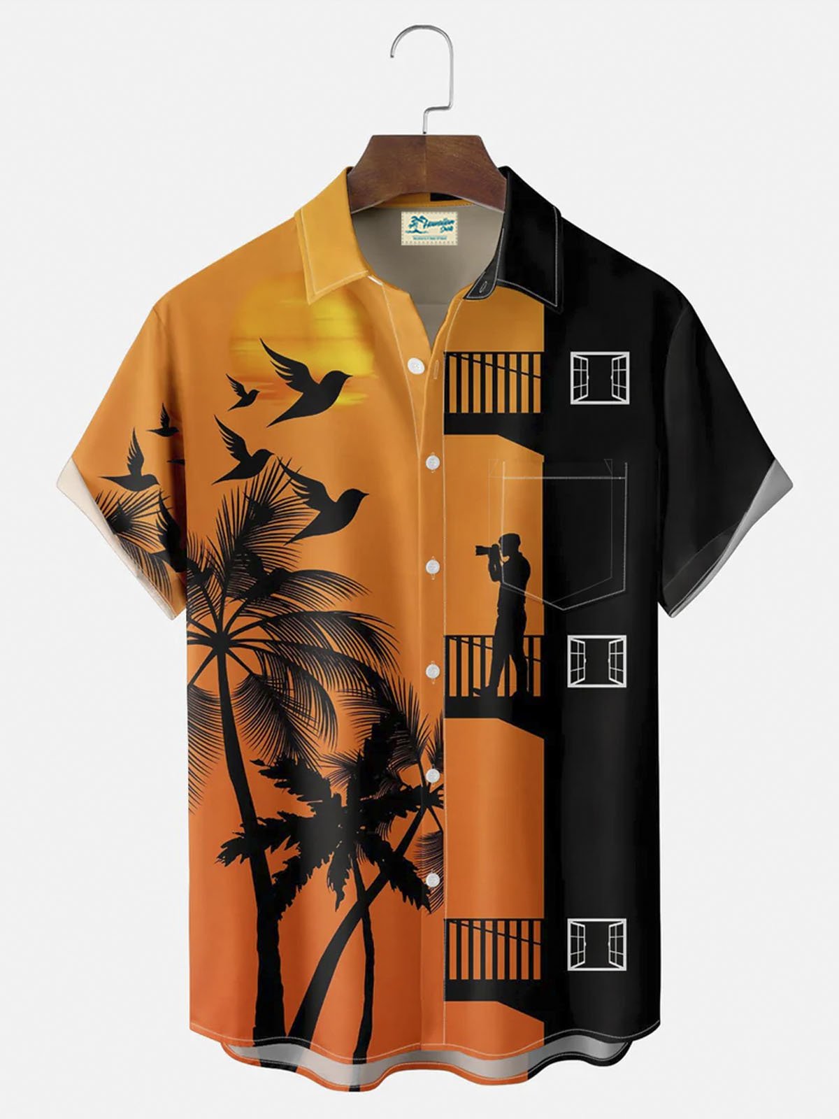 Royaura®  Coconut Tree Sunset Print Button Pocket Short Sleeve Shirt Big & Tall