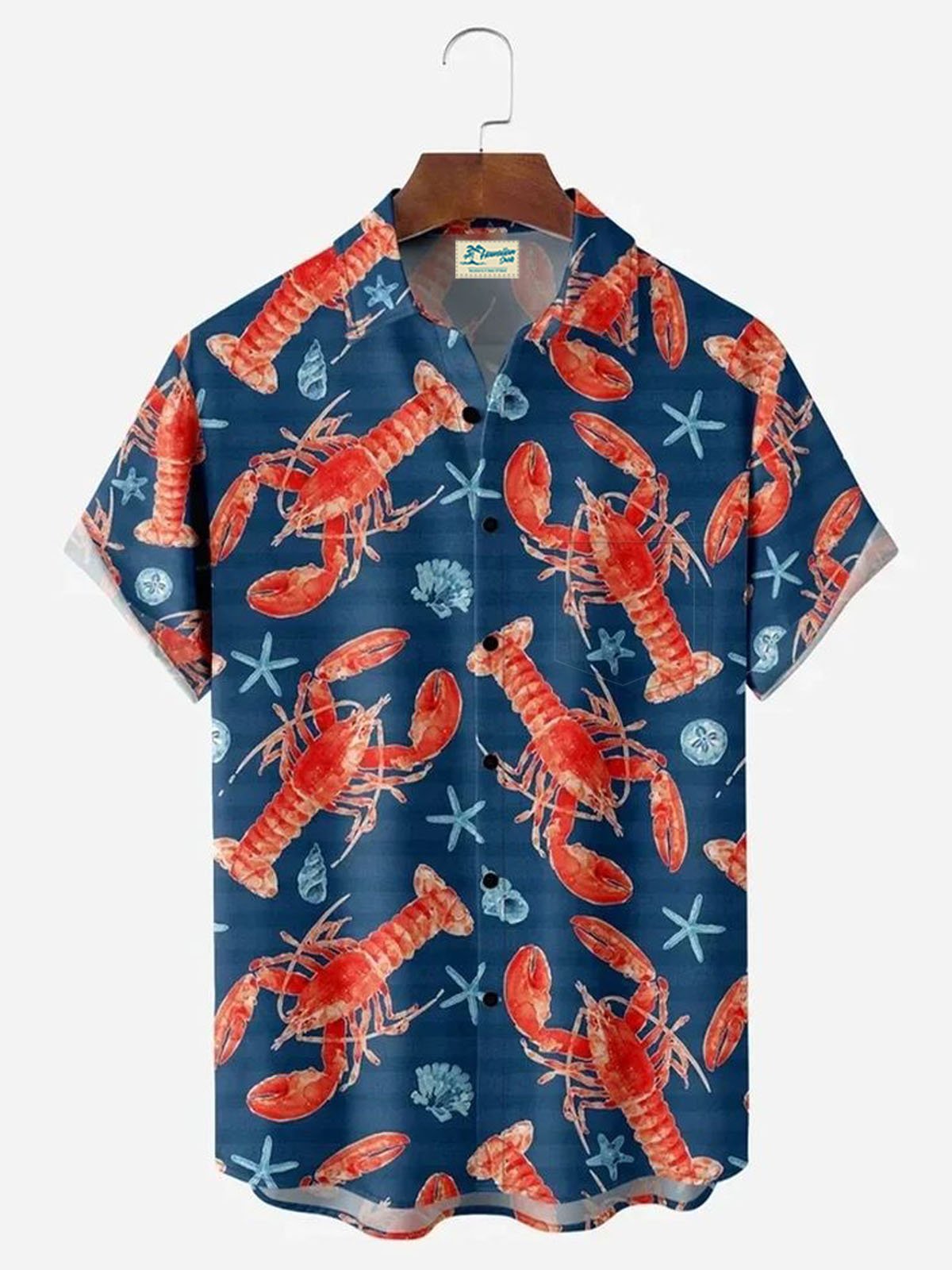 Royaura® Hawaiian Lobster Ocean Print Button Pocket Short Sleeve Shirt Big & Tall