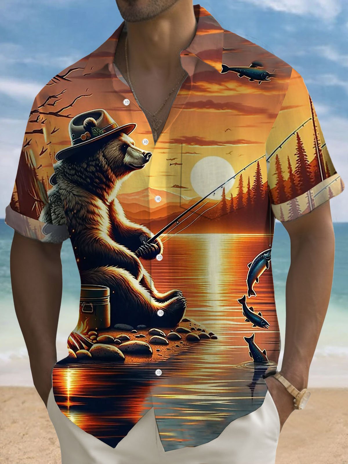 Royaura® Hawaiian Bear Fishing 3D Digital Print Men's Button Pocket Short Sleeve Shirt Big & Tall