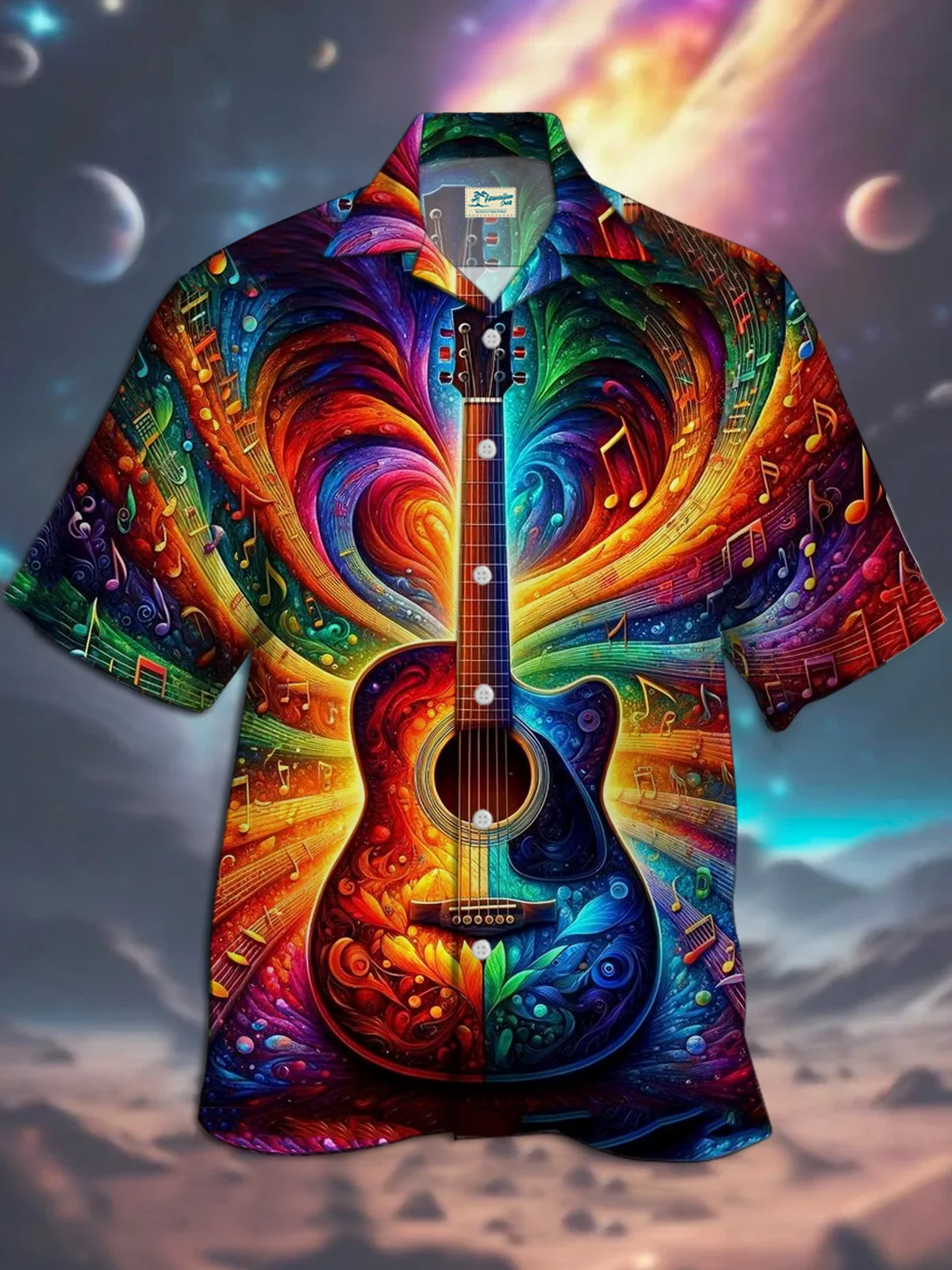 Royaura® Retro Music Hippie Guitar 3D Digital Print Men's Button Pocket Short Sleeve Shirt Big & Tall