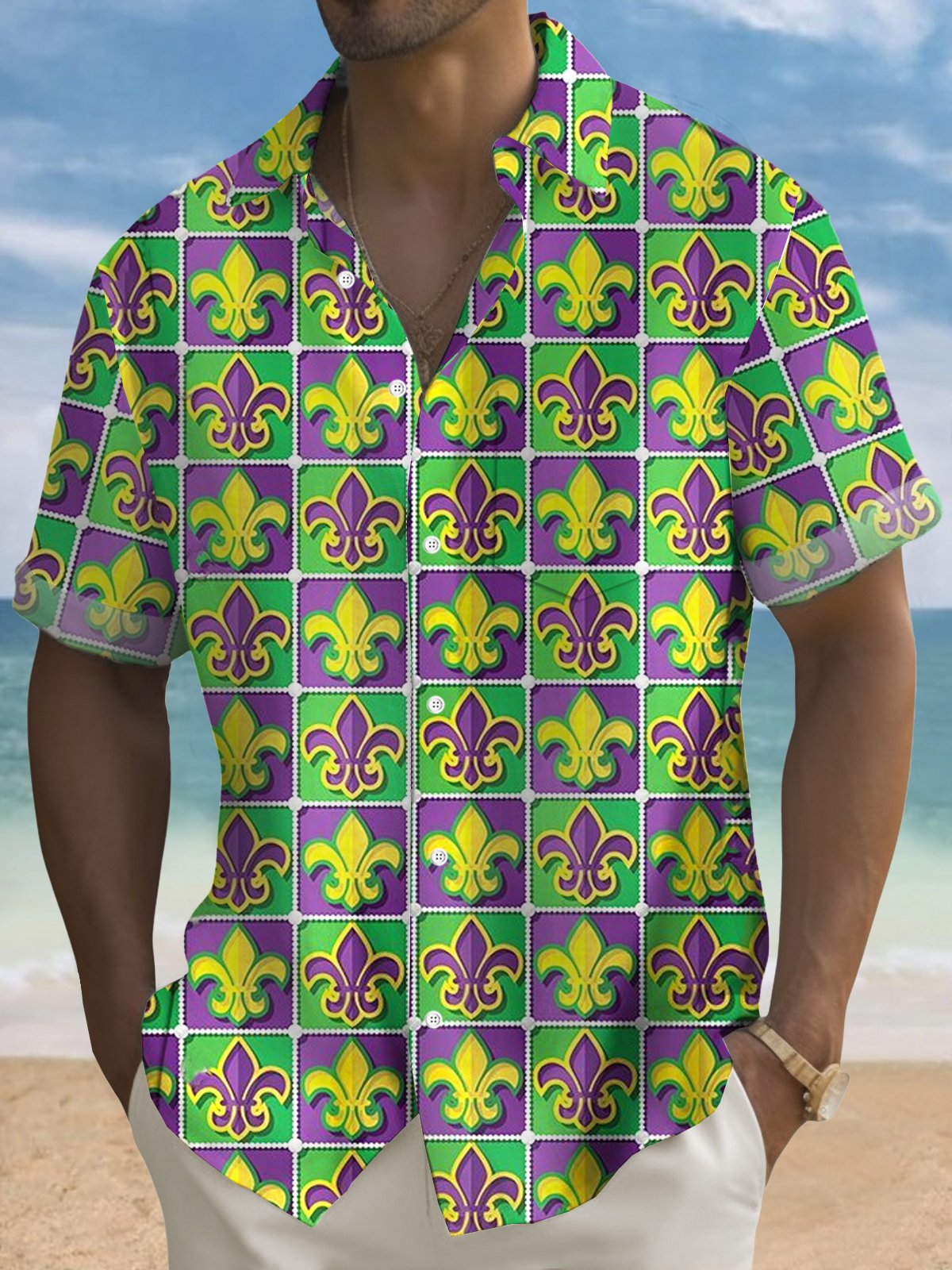 Royaura® Mardi Gras Print Men's Button Pocket Short Sleeve Shirt Big & Tall