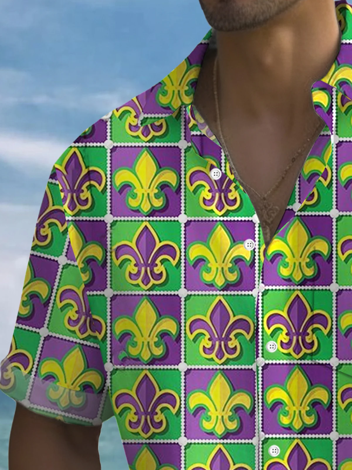 Royaura® Mardi Gras Print Men's Button Pocket Short Sleeve Shirt Big & Tall