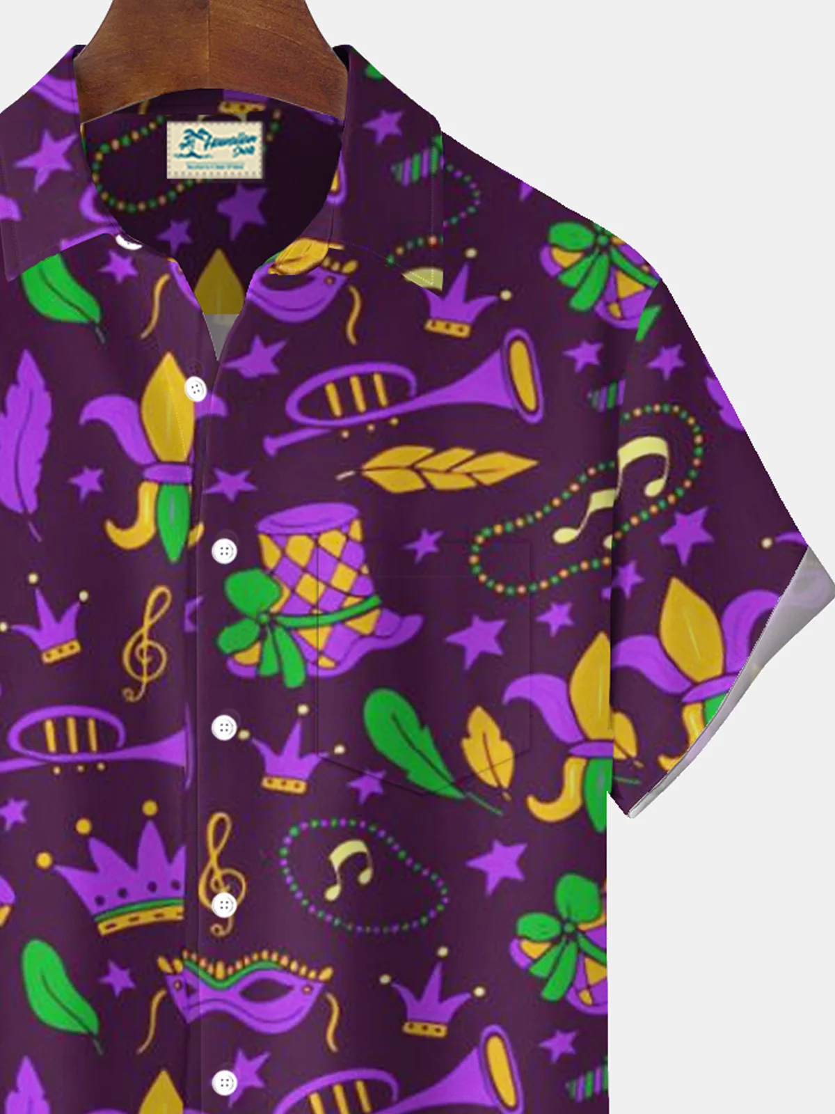 Royaura® Mardi Gras Music Jazz 3D Digital Printing Men's Button Pocket Short Sleeve Shirt Big & Tall