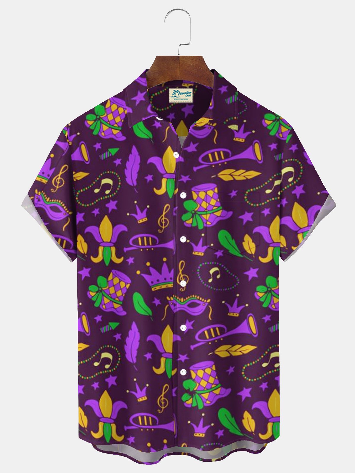 Royaura® Mardi Gras Music Jazz 3D Digital Printing Men's Button Pocket Short Sleeve Shirt Big & Tall