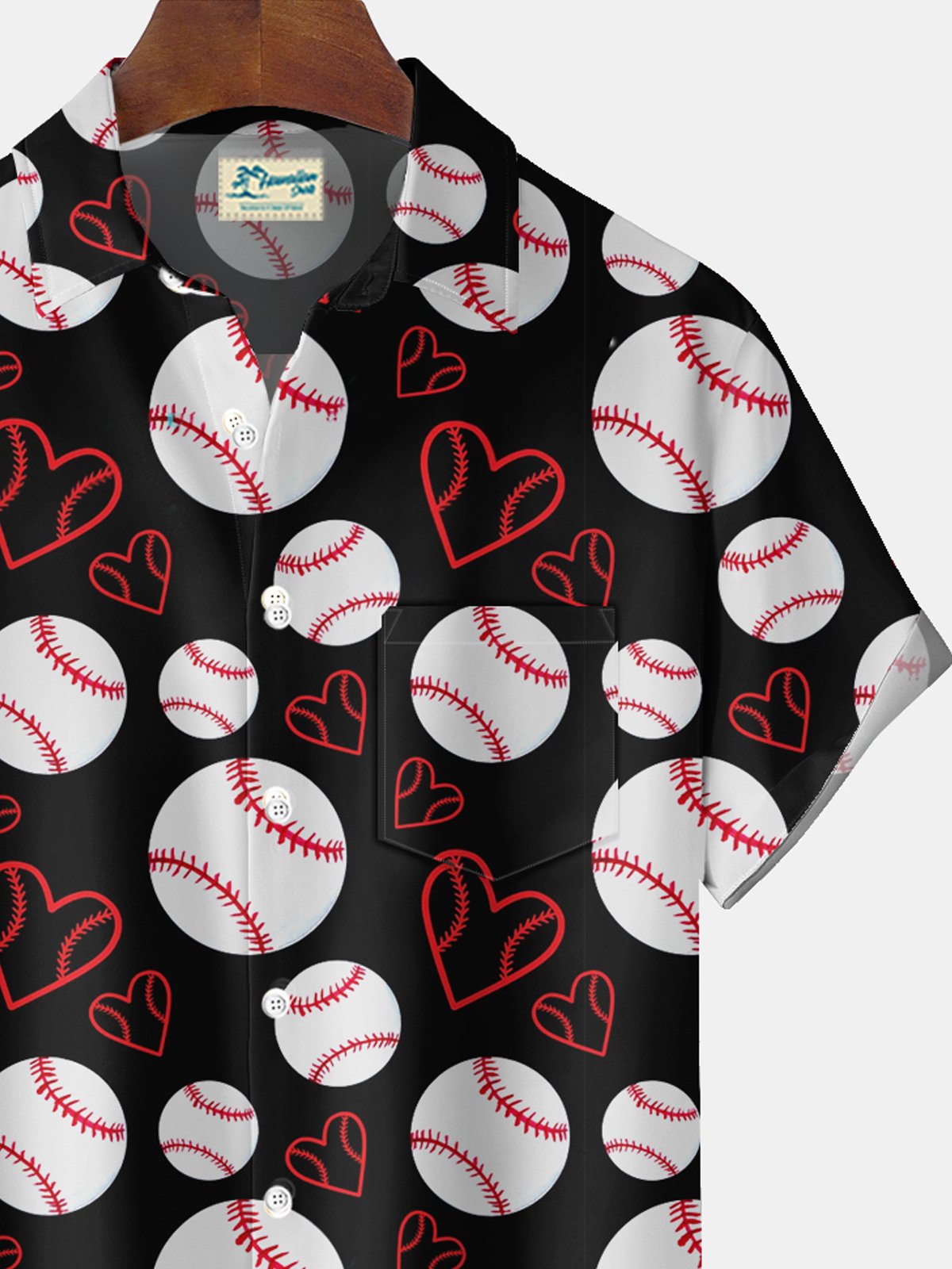 Royaura® Valentine's Day Heart Baseball Print Men's Button Pocket Short Sleeve Shirt Big & Tall